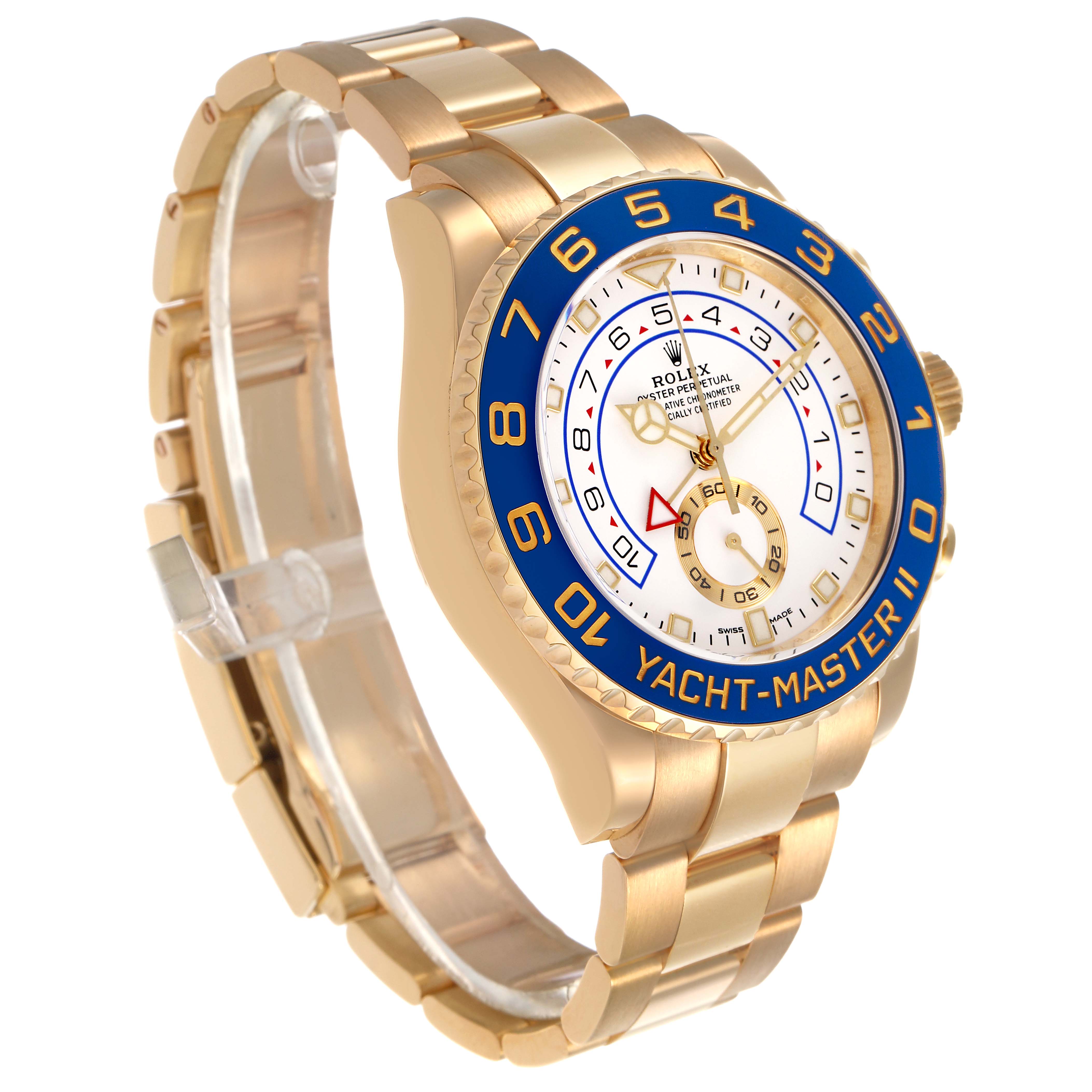 The Rolex Yacht-Master 116688 Men's Yellow Gold White Dial watch is shown at an angled side view, displaying the bezel, dial, and part of the bracelet.