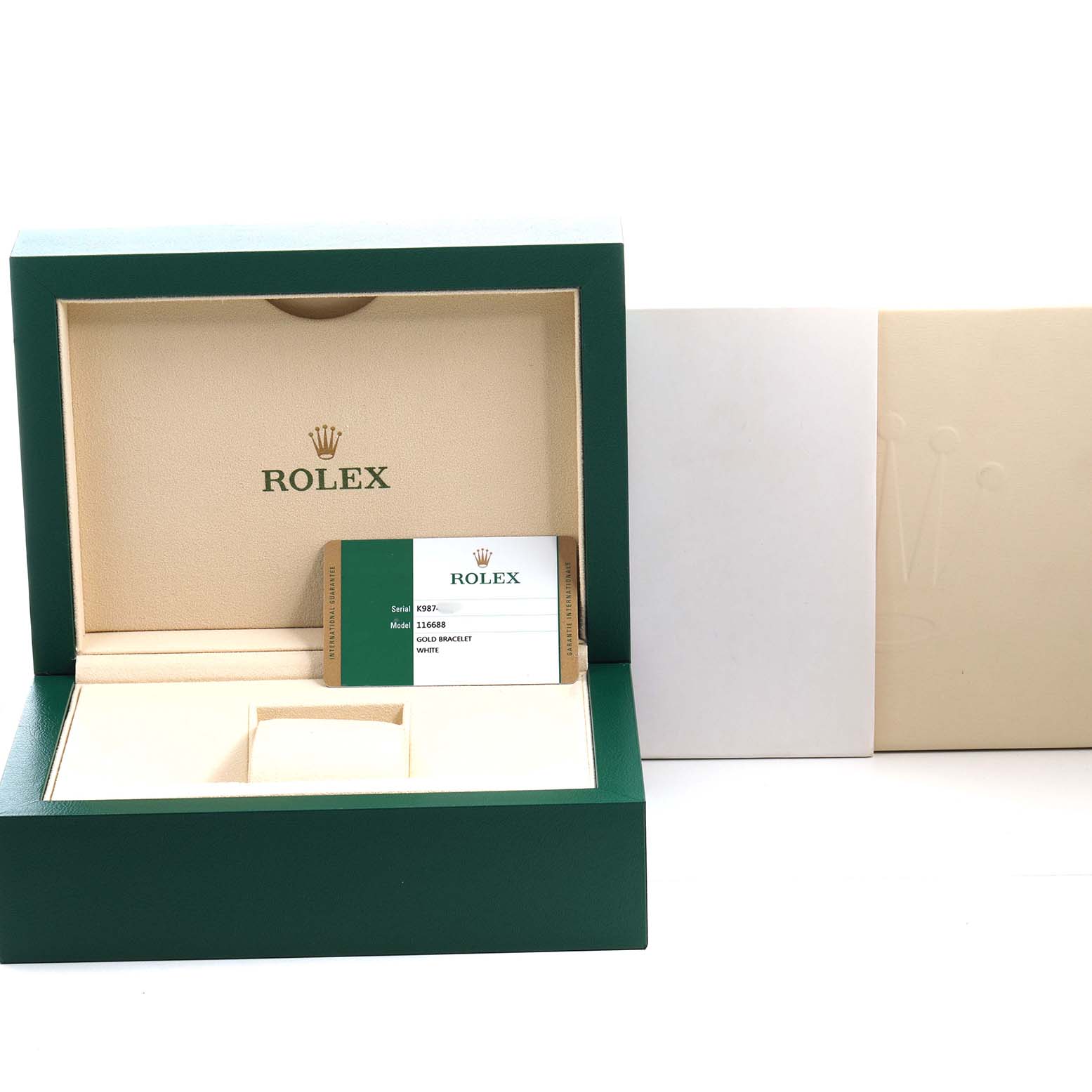 The image shows an open Rolex Yacht-Master 116688 Men's Yellow Gold White Dial box with a certificate card inside, displaying the interior packaging.
