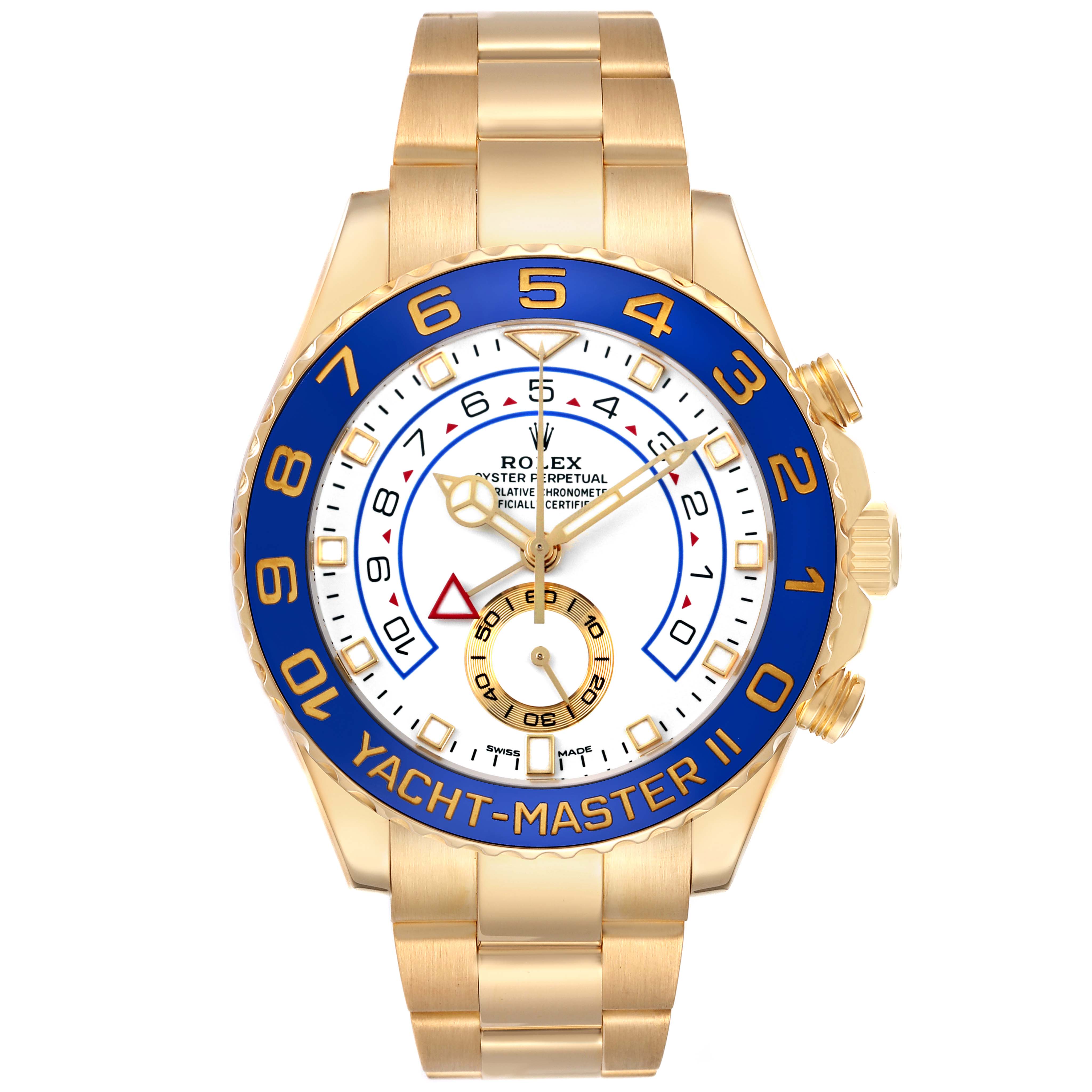 The Rolex Yacht-Master 116688 Men's Yellow Gold White Dial II is shown from the front, featuring a gold bracelet, white dial, blue bezel, and gold crown.