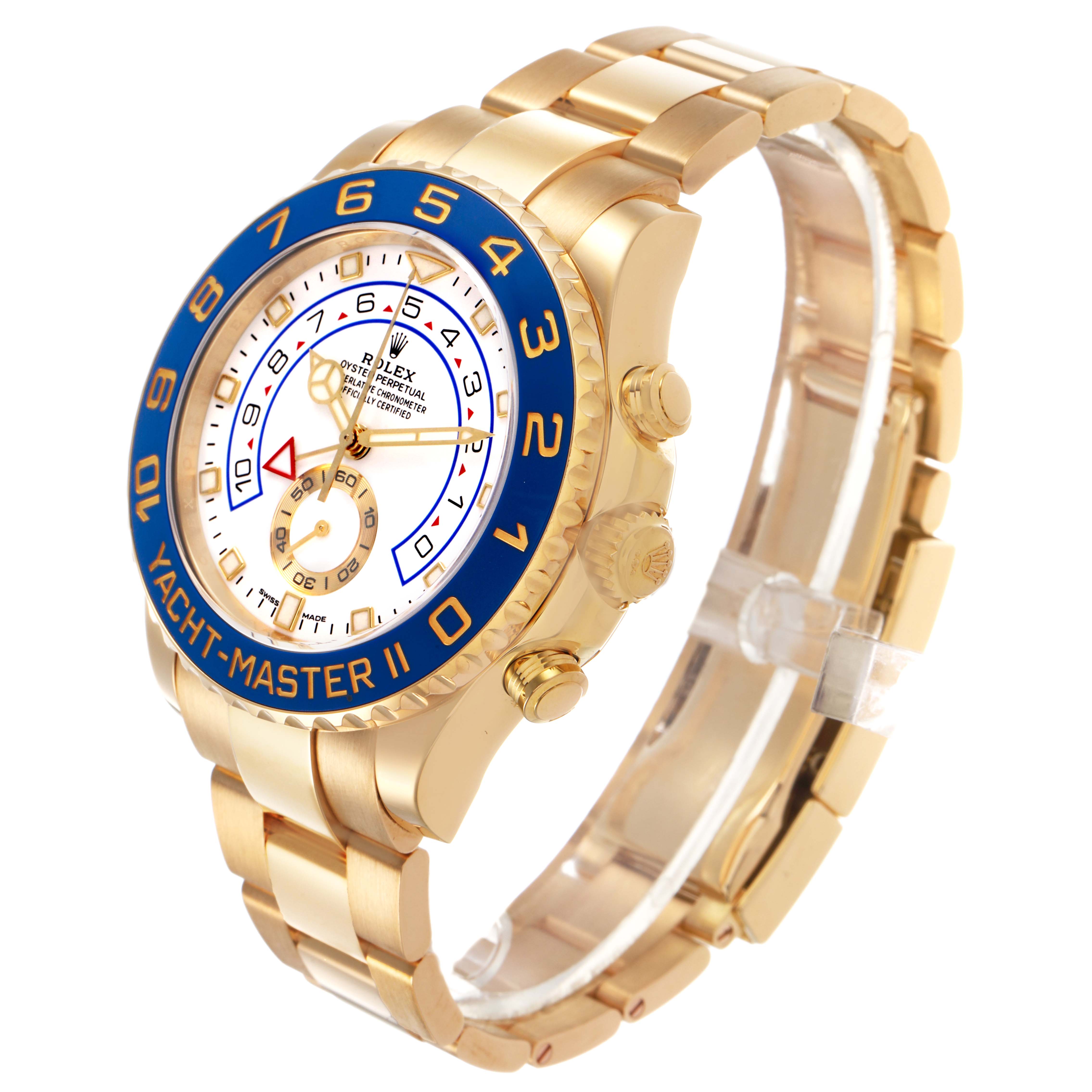 The Rolex Yacht-Master 116688 Men's Yellow Gold White Dial II watch is shown at a three-quarter angle, displaying the face, bezel, and bracelet.