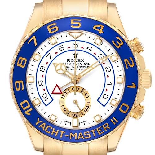 The Rolex Yacht-Master 116688 Men's Yellow Gold White Dial model is shown from the front, highlighting the gold casing, blue bezel, and detailed dial.