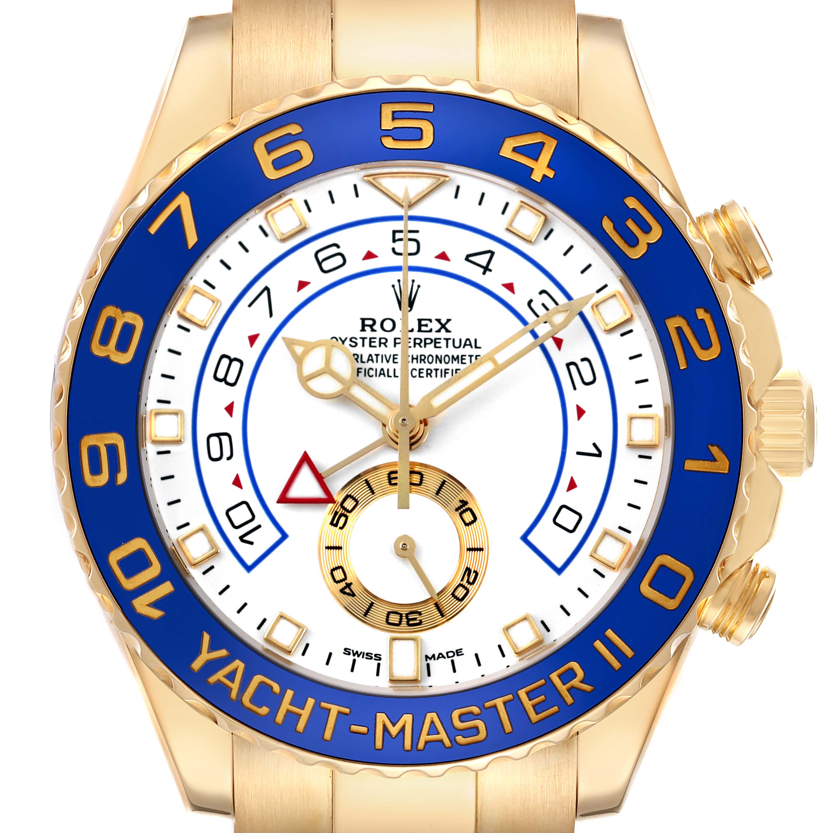 The Rolex Yacht-Master 116688 Men's Yellow Gold White Dial watch is shown from the front, highlighting its blue bezel, white dial, and gold case.
