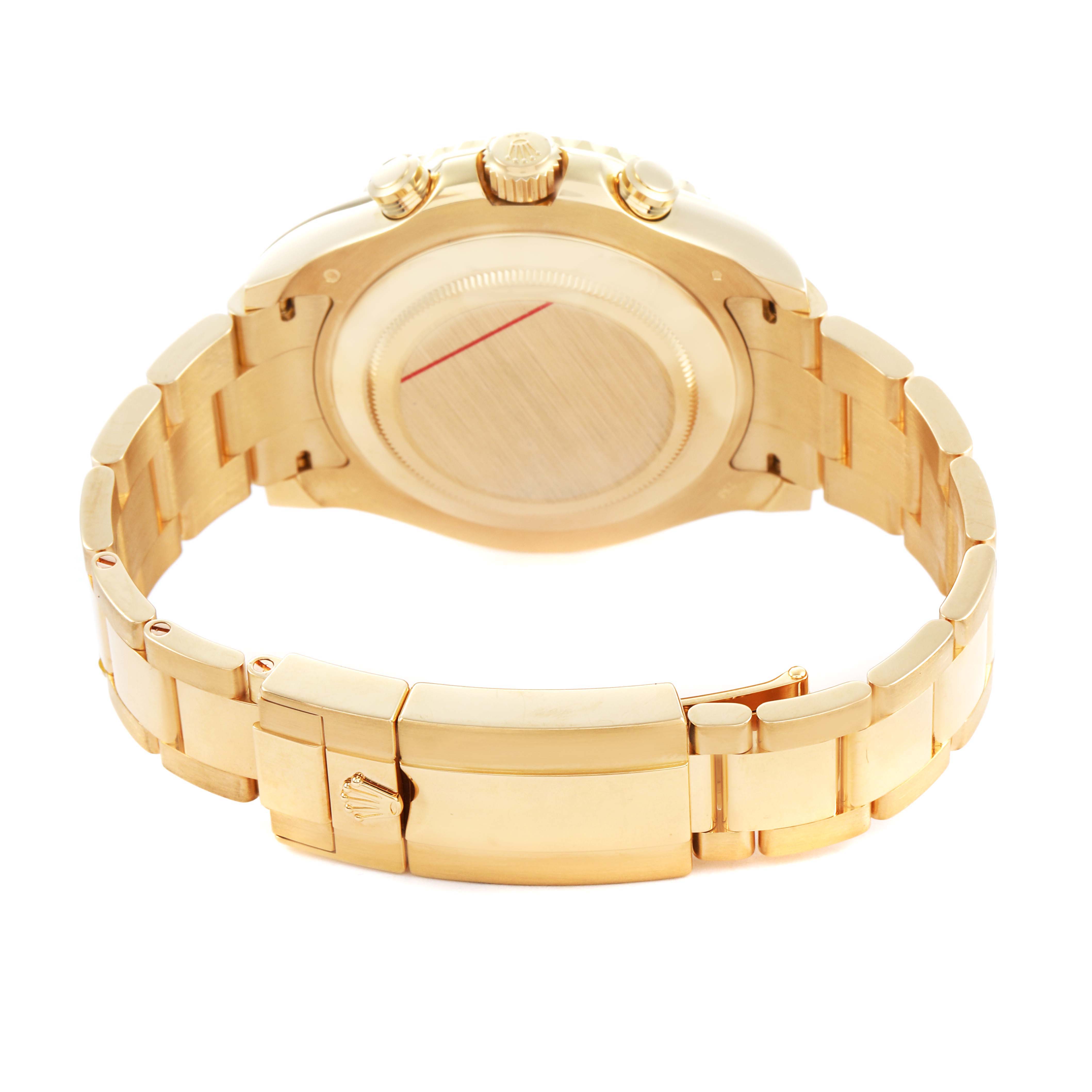 The image shows the back view of a Rolex Yacht-Master 116688 Men's Yellow Gold White Dial watch, highlighting its gold case, crown, and bracelet.