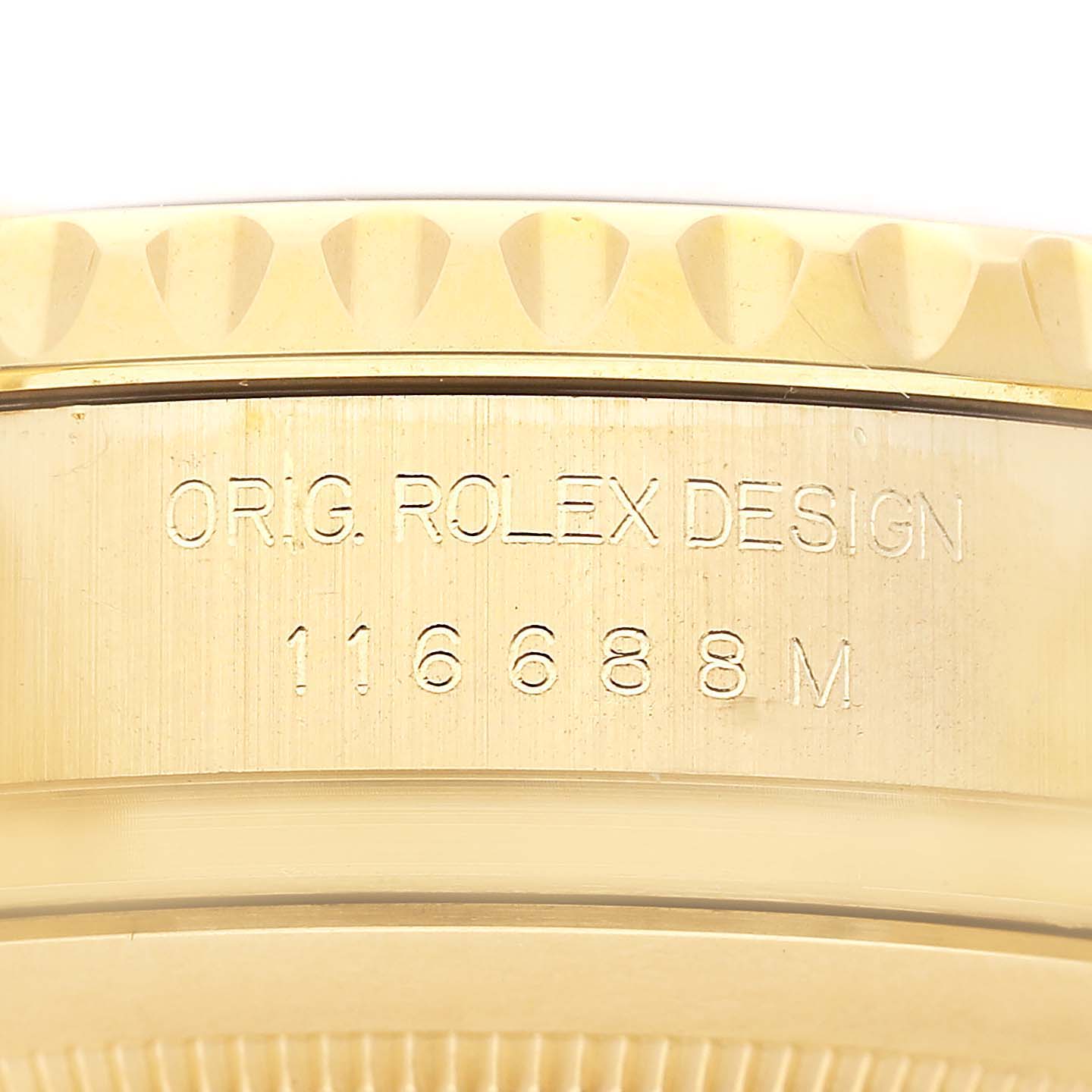 The image shows a close-up of the side of the Rolex Yacht-Master 116688 Men's Yellow Gold White Dial, highlighting the branding and model number engraving.