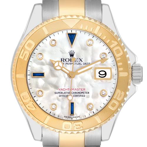 The image shows a Rolex Yacht-Master model 16623 men's watch, front view, highlighting the gold bezel, mother-of-pearl dial, and date window.