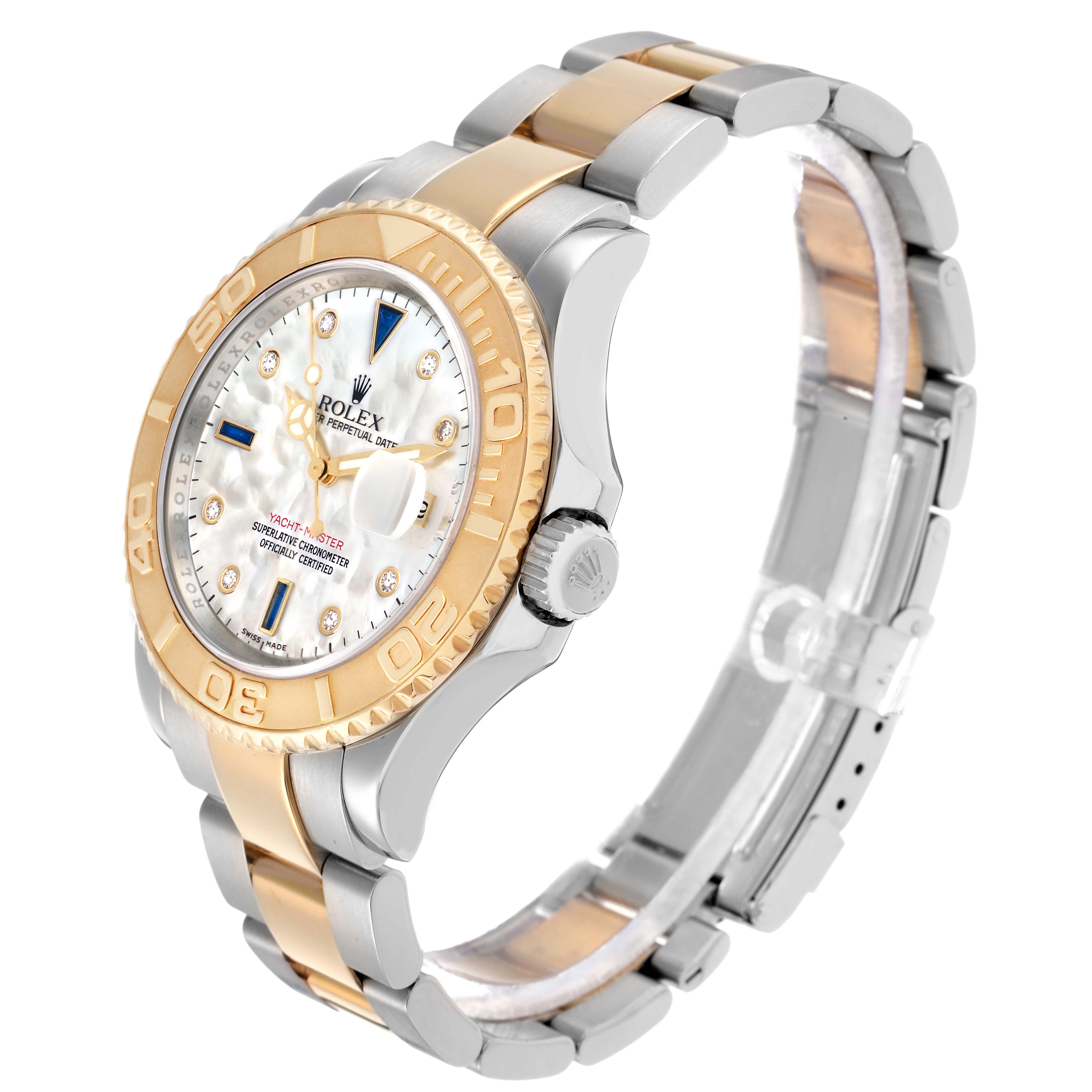 The Rolex Yacht-Master 16623 Men
s Steel and Gold (two tone) Mother of Pearl Dial watch is shown from an angled side view, highlighting the bezel, face, and two-tone bracelet.