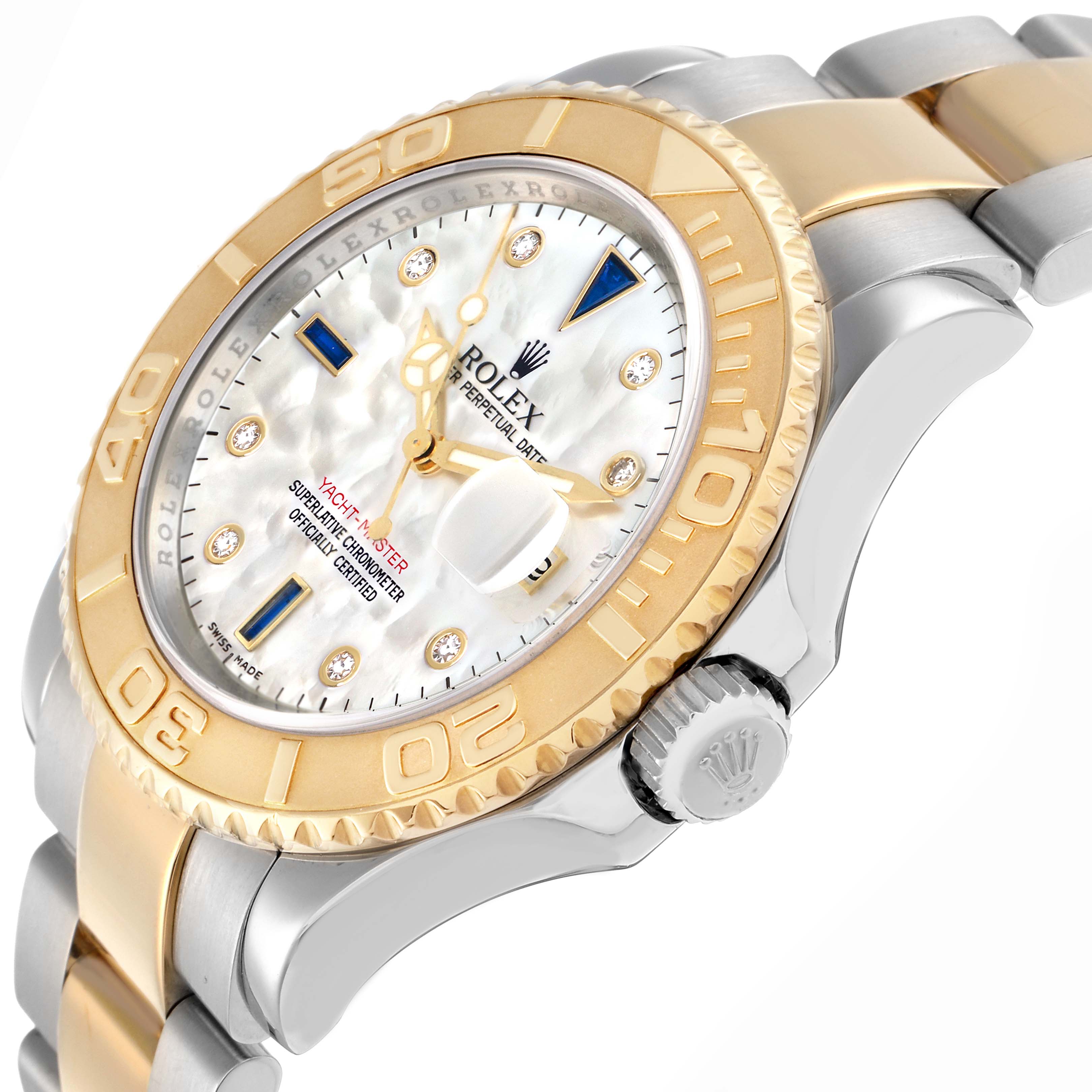 The Rolex Yacht-Master 16623 Men
s Steel and Gold (two tone) Mother of Pearl Dial watch is shown at a slight angle, highlighting the bezel, crown, dial, and part of the bracelet.