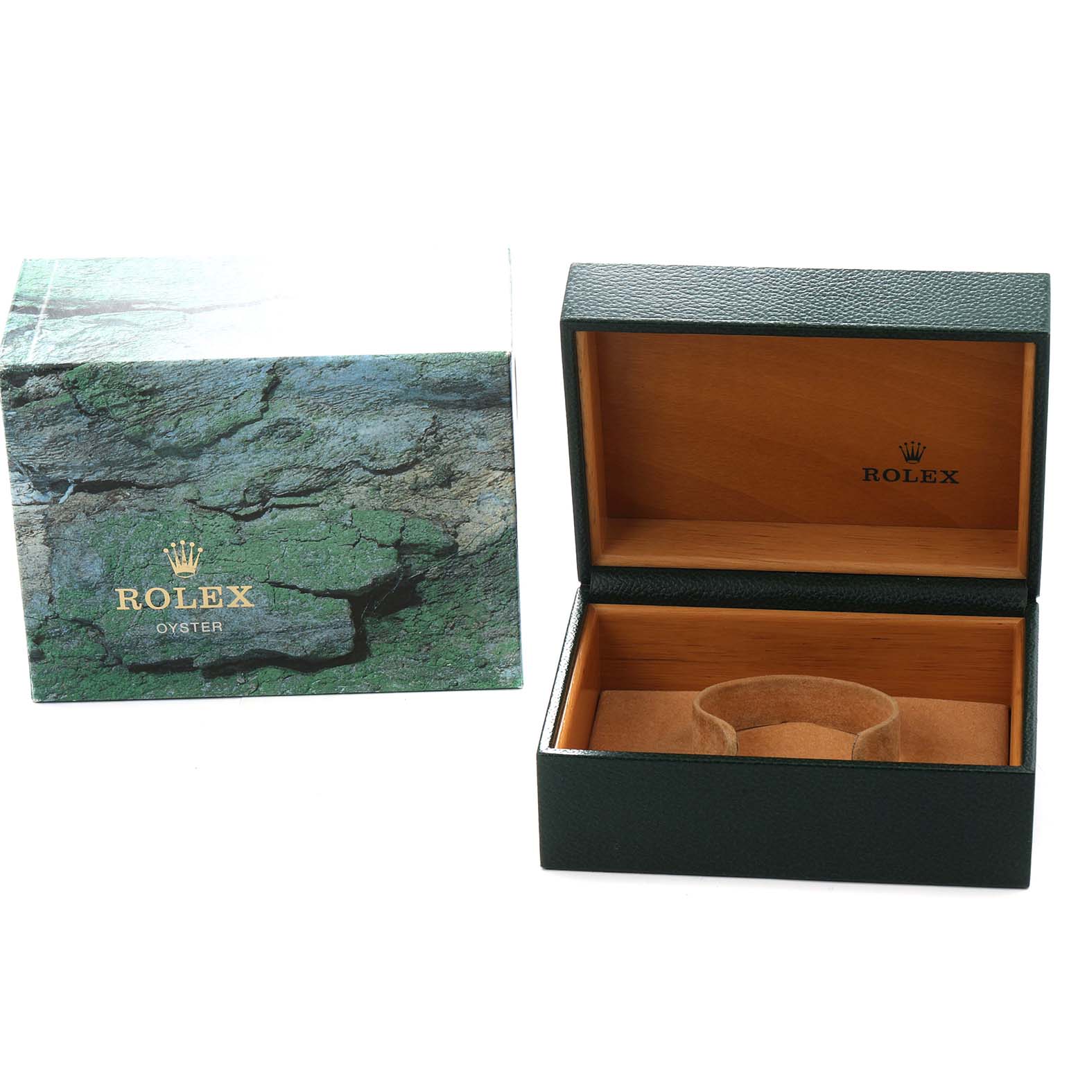 The image shows a Rolex Yacht-Master 16623 Men
s Steel and Gold (two tone) Mother of Pearl Dial watch box open from the top, with packaging beside it.