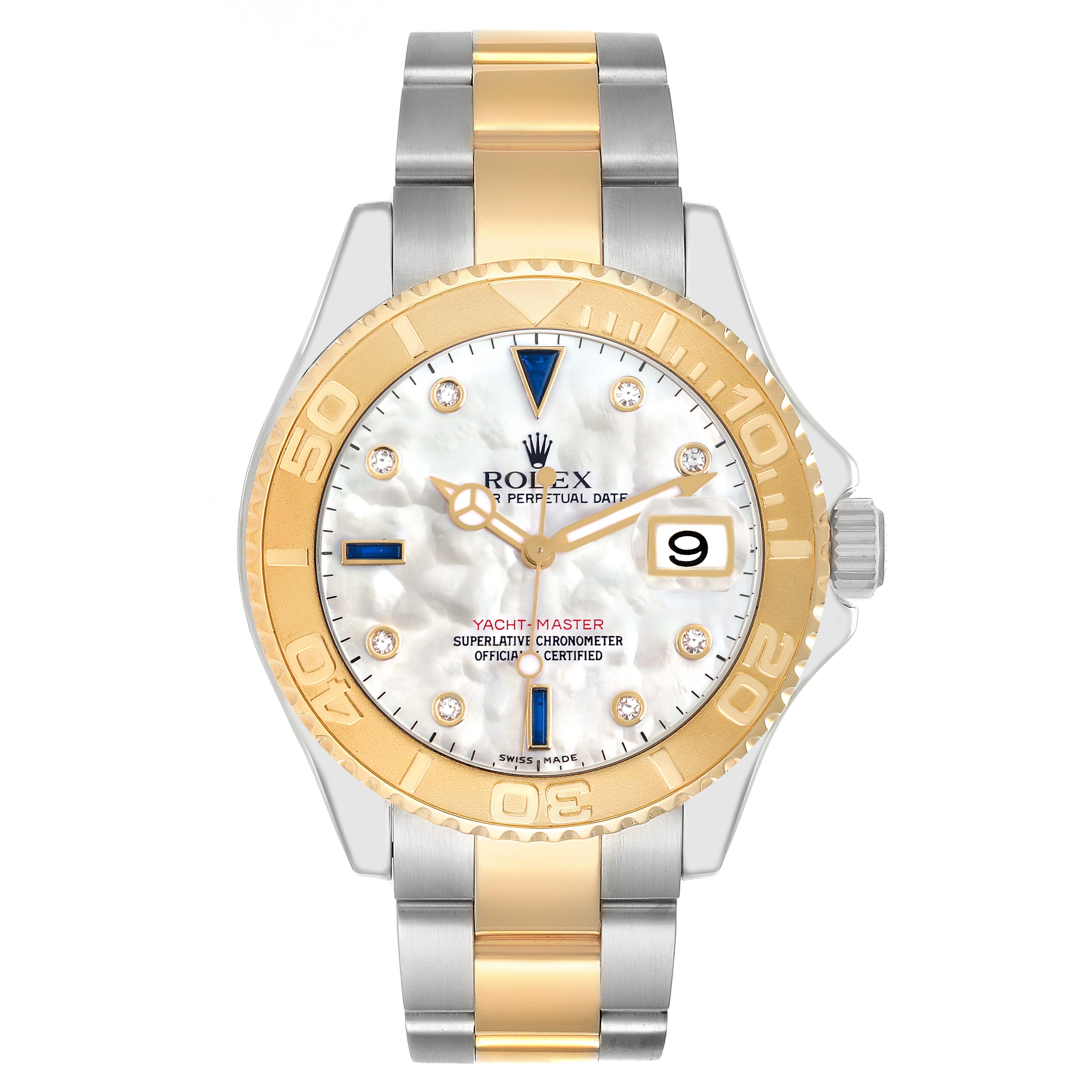The Rolex Yacht-Master 16623 Men
s Steel and Gold (two tone) Mother of Pearl Dial watch is shown from a front view, displaying the bezel, dial, hands, date window, and bracelet.