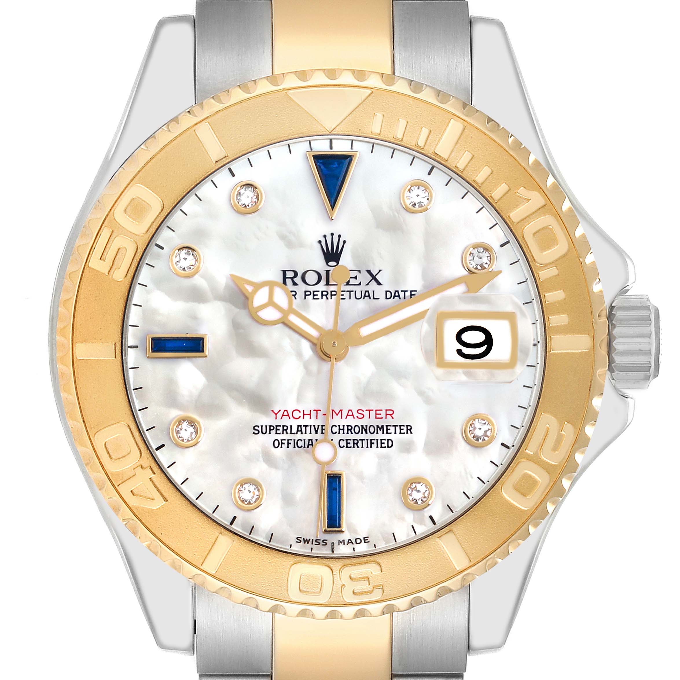 The Rolex Yacht-Master 16623 Men
s Steel and Gold (two tone) Mother of Pearl Dial watch is shown from the front, highlighting the dial, bezel, and part of the bracelet.