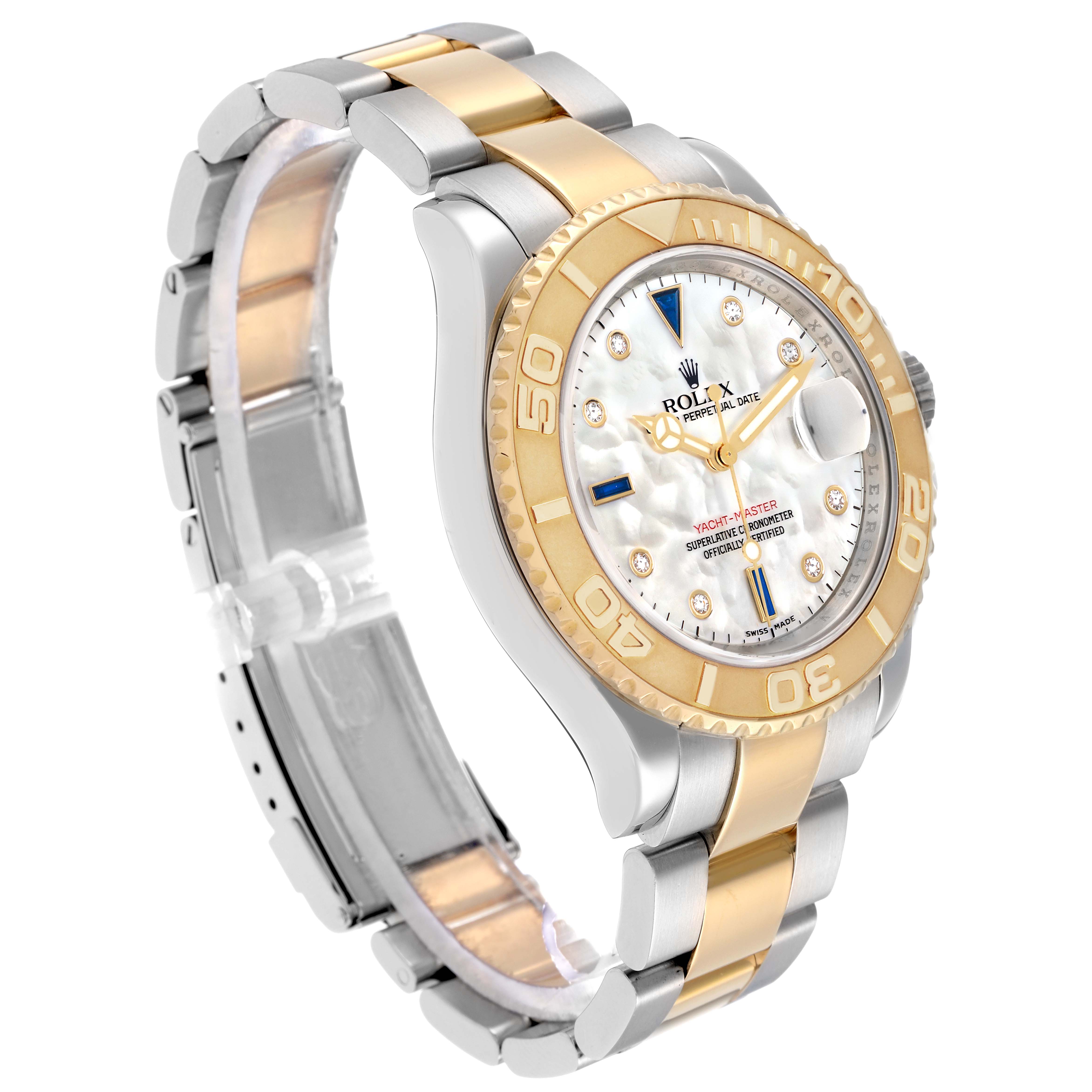 The Rolex Yacht-Master 16623 Men
s Steel and Gold (two tone) Mother of Pearl Dial watch is shown at a three-quarter angle, highlighting the dial, bezel, and bracelet.