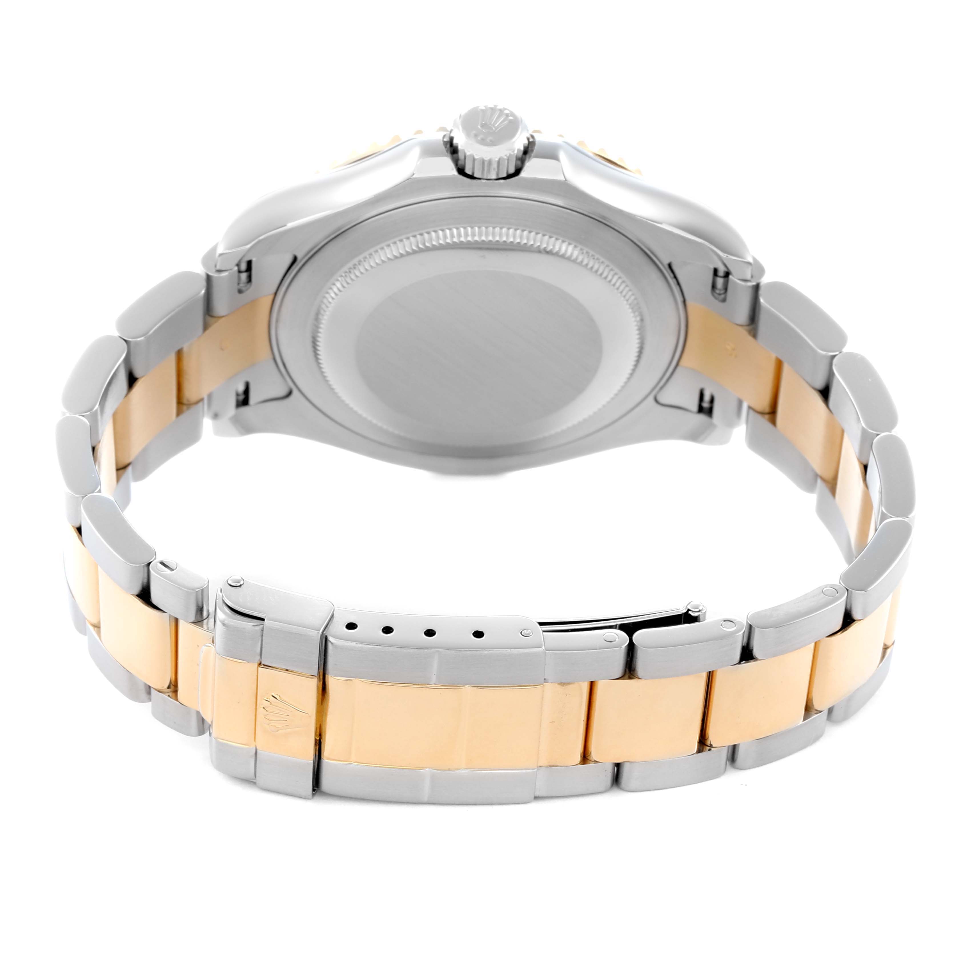 The image shows the back and side view of the Rolex Yacht-Master 16623 Men
s Steel and Gold (two tone) Mother of Pearl Dial, highlighting the case back and two-tone bracelet.