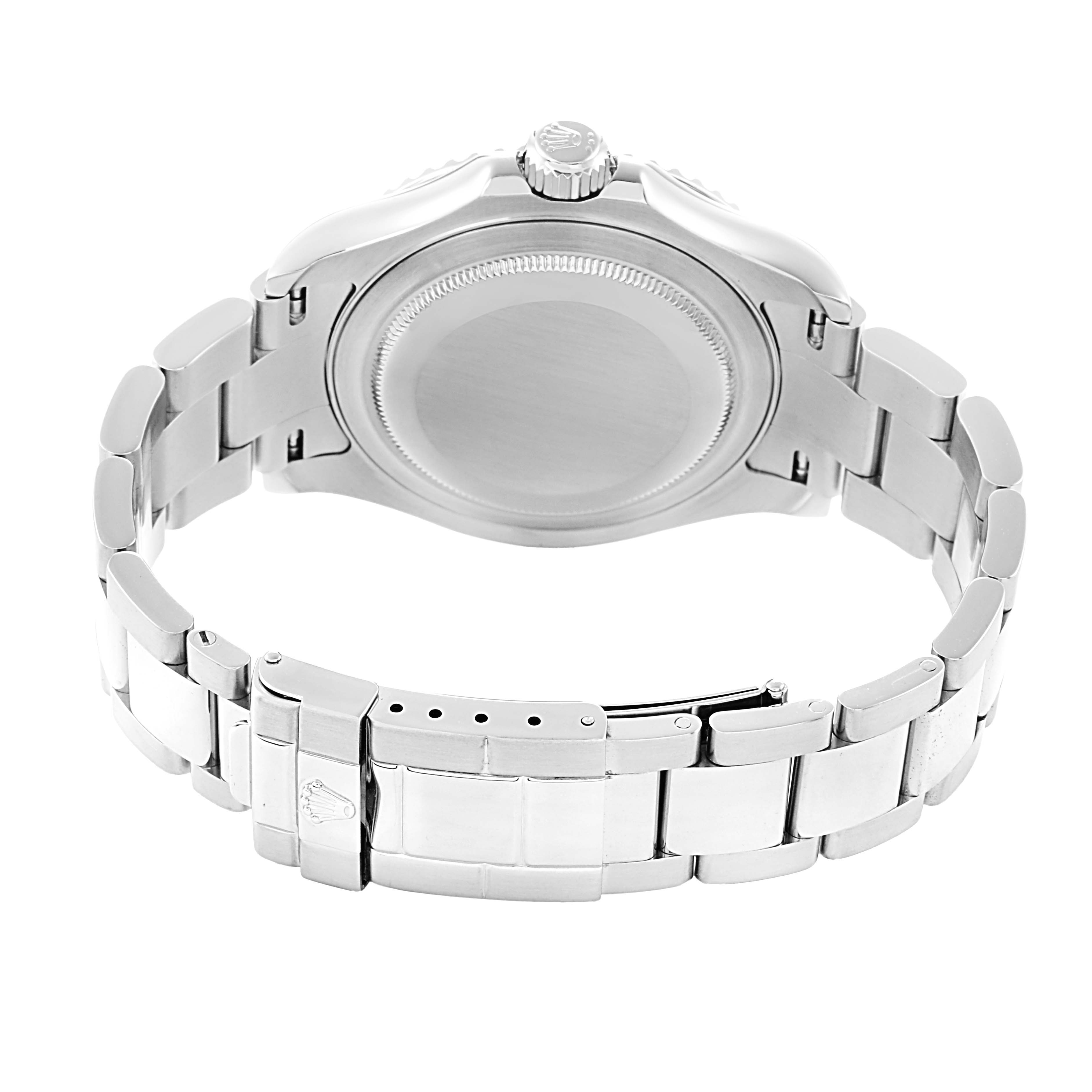 The Rolex Yacht-Master 16622 Men
s Stainless Steel Silver Dial is shown from the back, highlighting the case back, bracelet, and clasp.