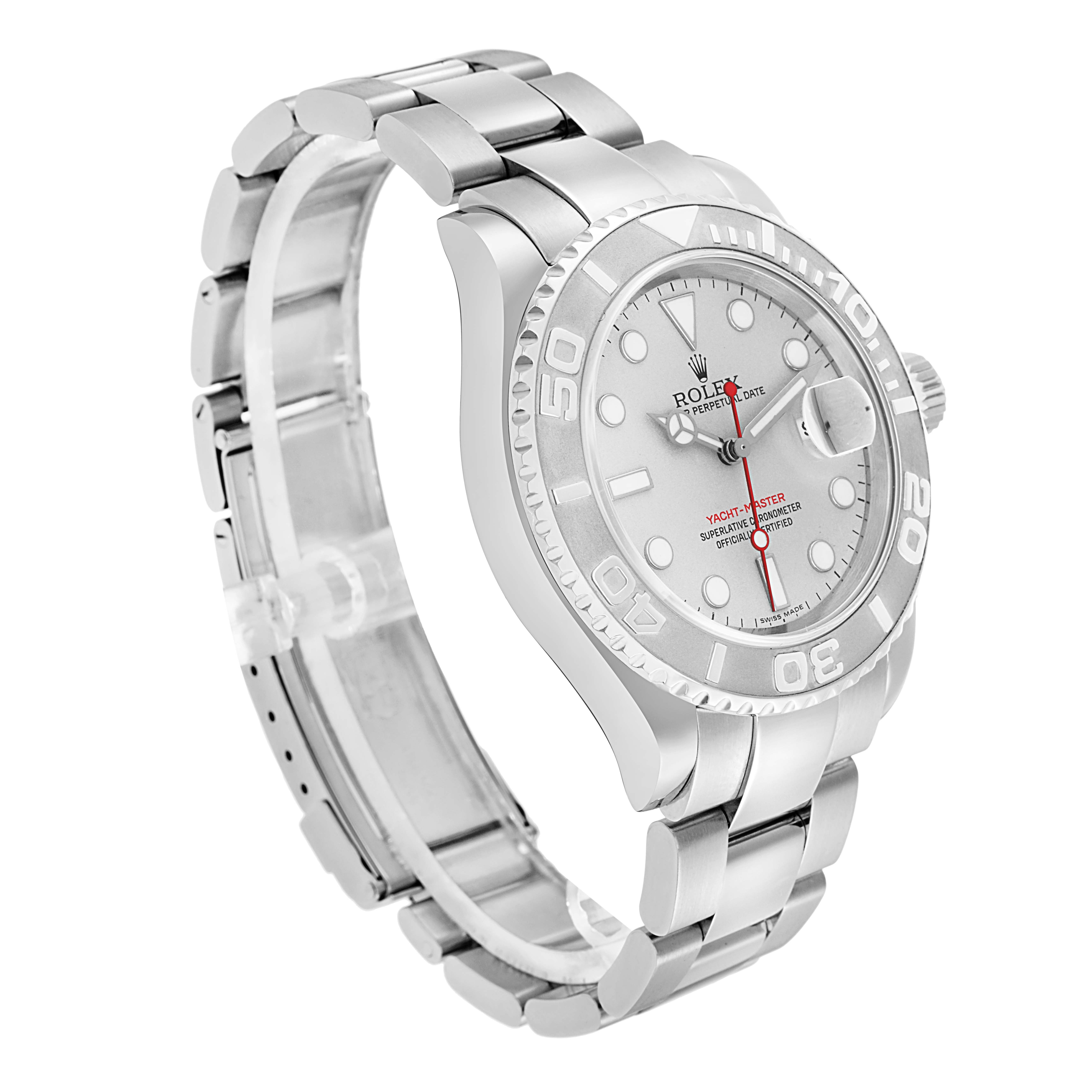 The Rolex Yacht-Master 16622 Men
s Stainless Steel Silver Dial watch is shown at a three-quarter angle, displaying the face, bezel, and part of the bracelet.