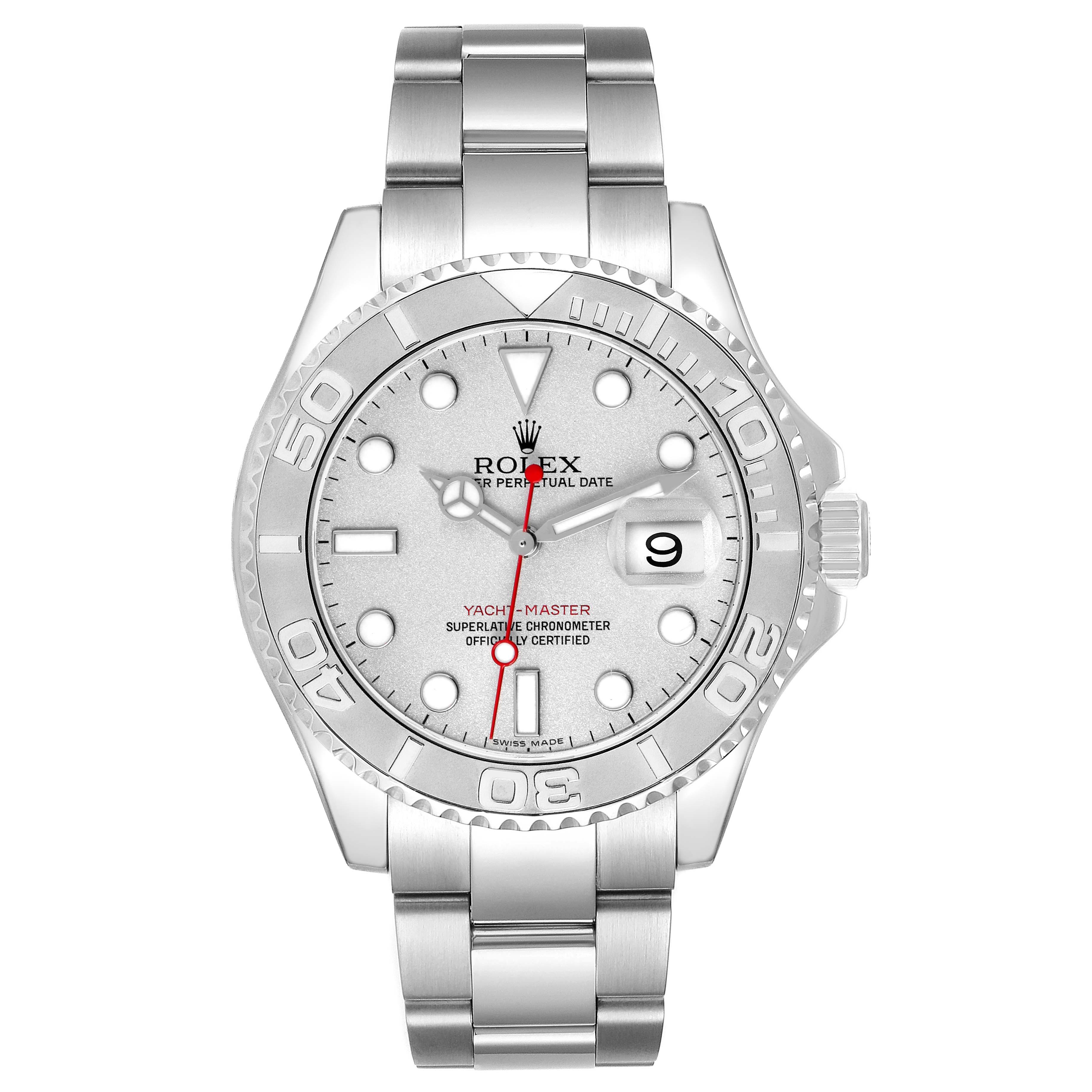 The Rolex Yacht-Master 16622 Men
s Stainless Steel Silver Dial is shown from the front, displaying the dial, bezel, bracelet, and crown.