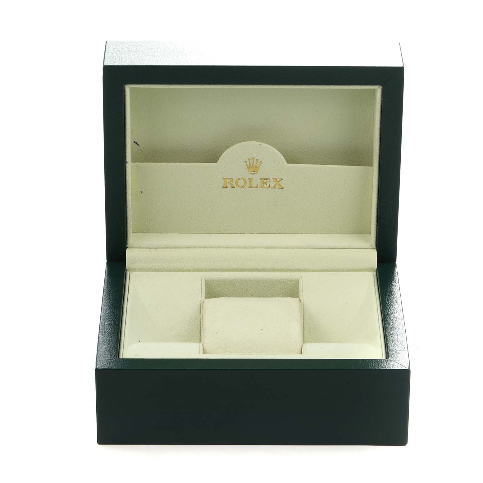 The image shows an open Rolex Yacht-Master 16622 Men
s Stainless Steel Silver Dial watch box, displaying the inner cushioning and logo.