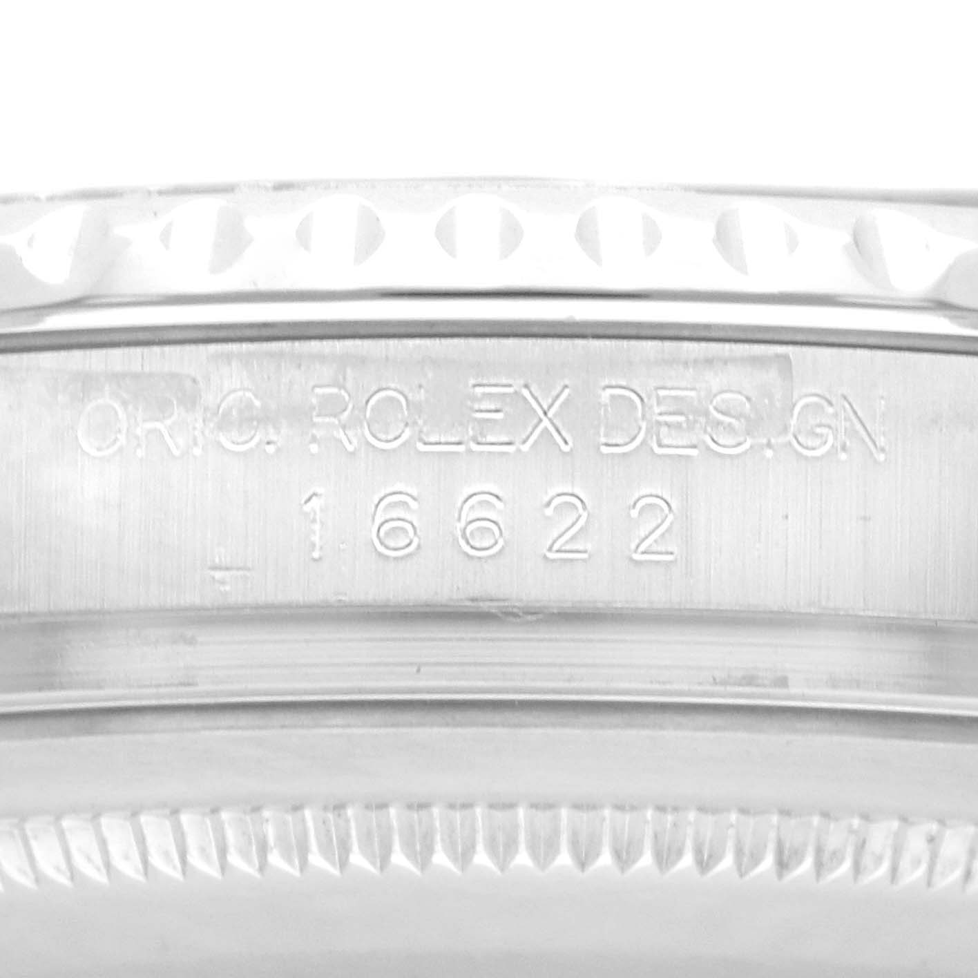 The image shows the side view of a Rolex Yacht-Master 16622 Men
s Stainless Steel Silver Dial model, focusing on the model number engraving.