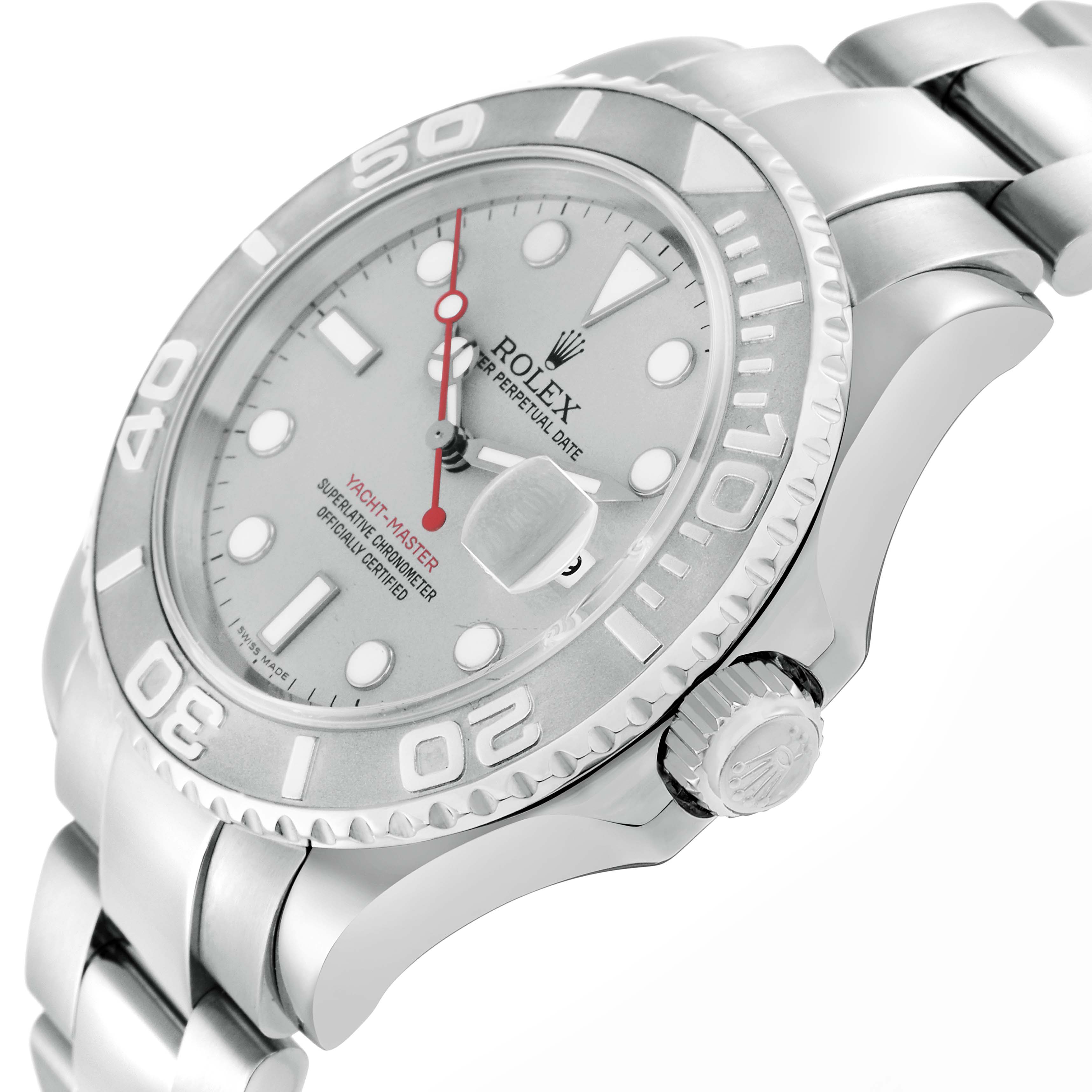 The Rolex Yacht-Master 16622 Men
s Stainless Steel Silver Dial watch is shown from an angled side view highlighting the bezel, crown, and part of the bracelet.