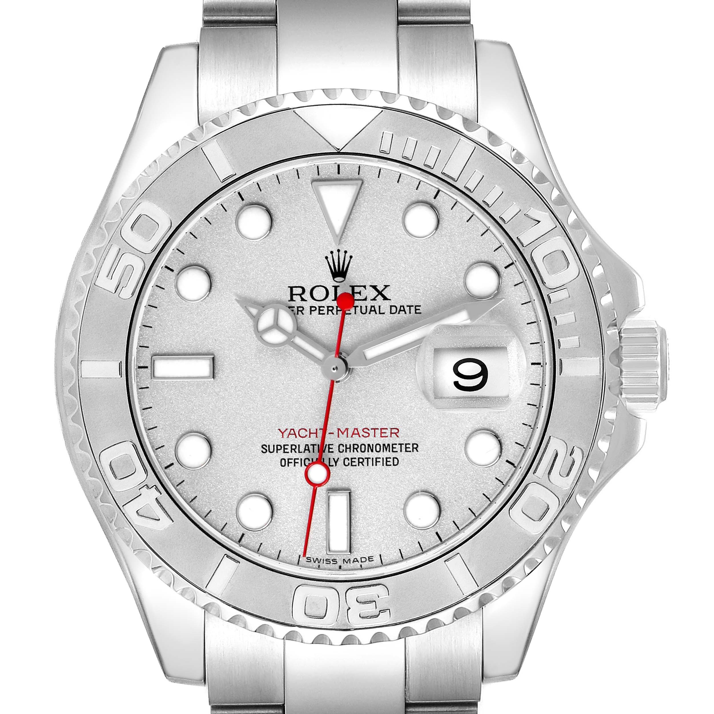 The Rolex Yacht-Master 16622 Men
s Stainless Steel Silver Dial watch is shown from a front view, displaying the dial, hands, bezel, and part of the bracelet.