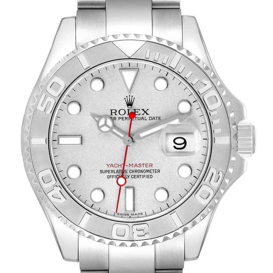 The Rolex Yacht-Master model 16622 is shown from a front angle, highlighting the dial, bezel, and part of the bracelet.