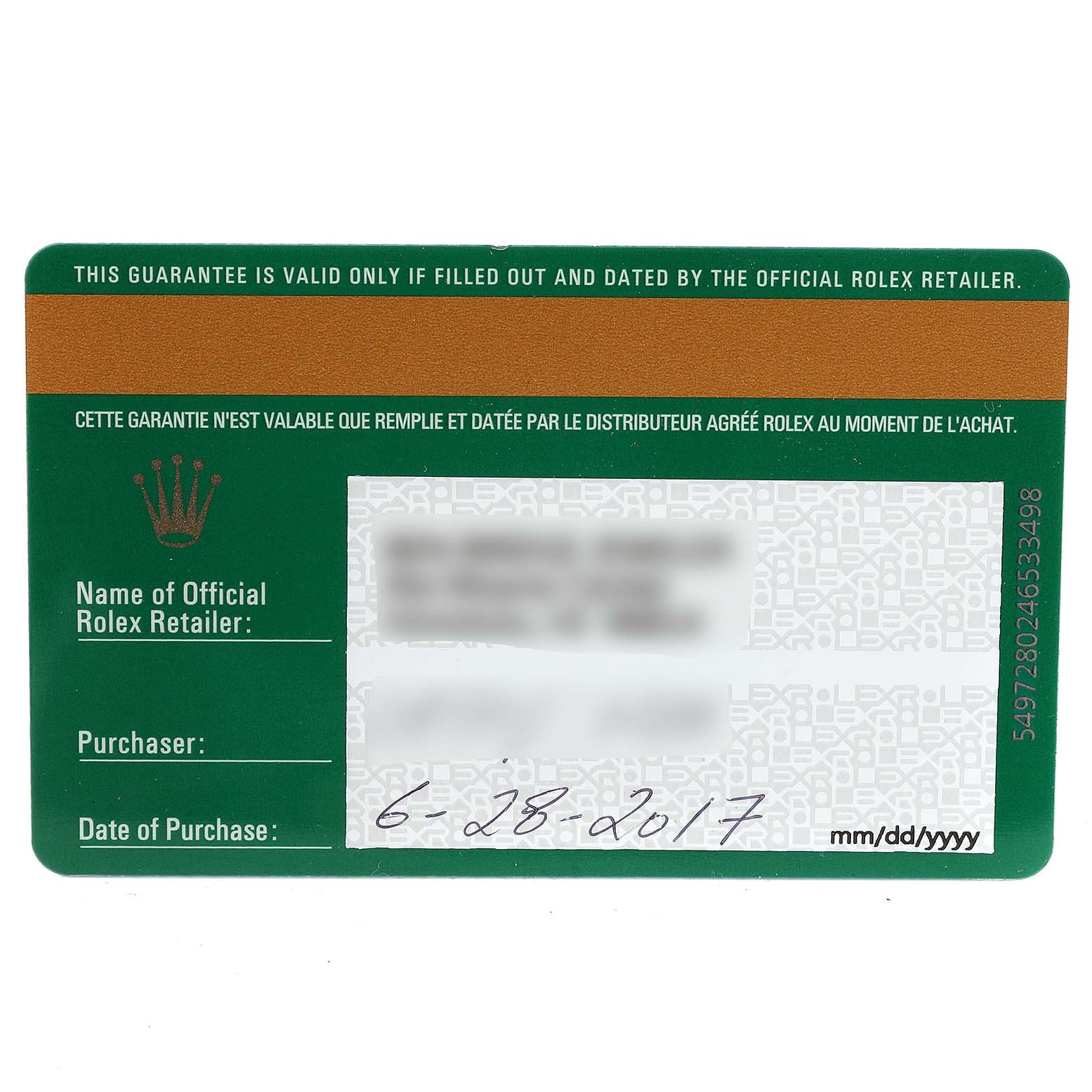 The image shows a Rolex warranty card for the Yacht-Master model, photographed from the front.