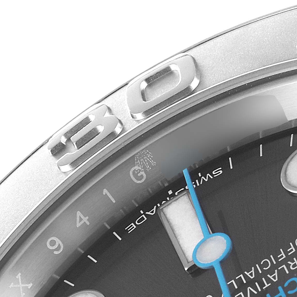 The image shows a close-up angle of the bezel, part of the dial, and the minute hand of a Rolex Yacht-Master 116622 Men
s Stainless Steel Grey Dial 116622 Men
s Stainless Steel Grey Dial watch.