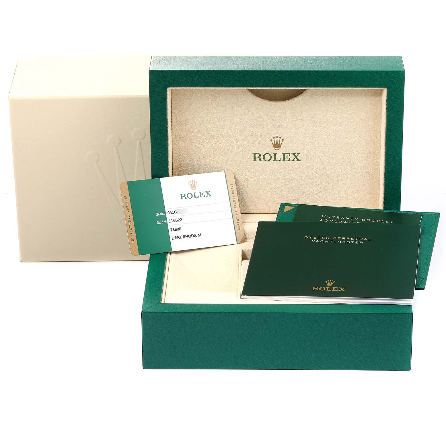 The image shows the packaging, warranty booklet, and certification card for a Rolex Yacht-Master 116622 Men
s Stainless Steel Grey Dial 116622 Men
s Stainless Steel Grey Dial watch.