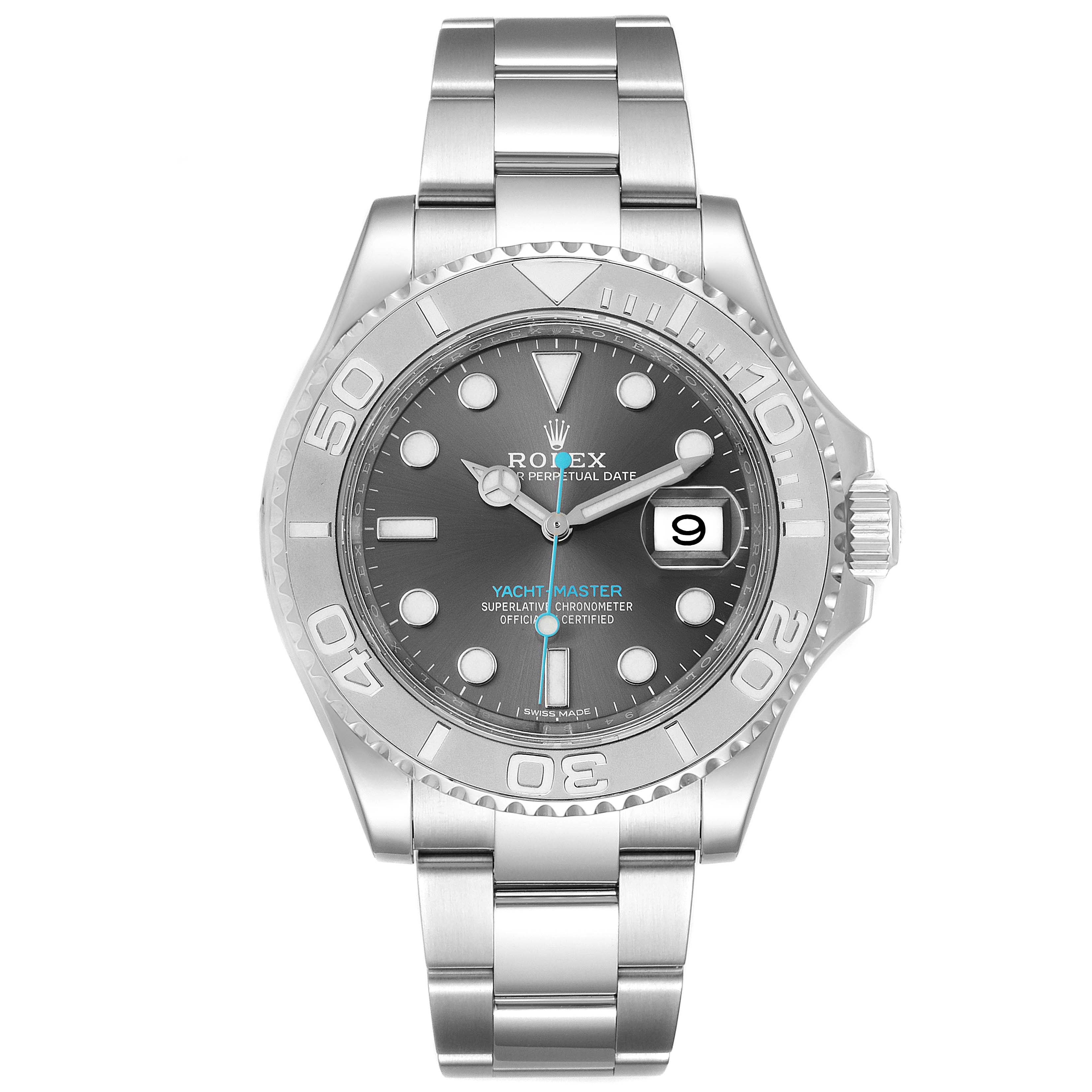 The image shows a front view of a Rolex Yacht-Master 116622 Men
s Stainless Steel Grey Dial 116622 Men
s Stainless Steel Grey Dial watch, highlighting the dial, bezel, and bracelet.