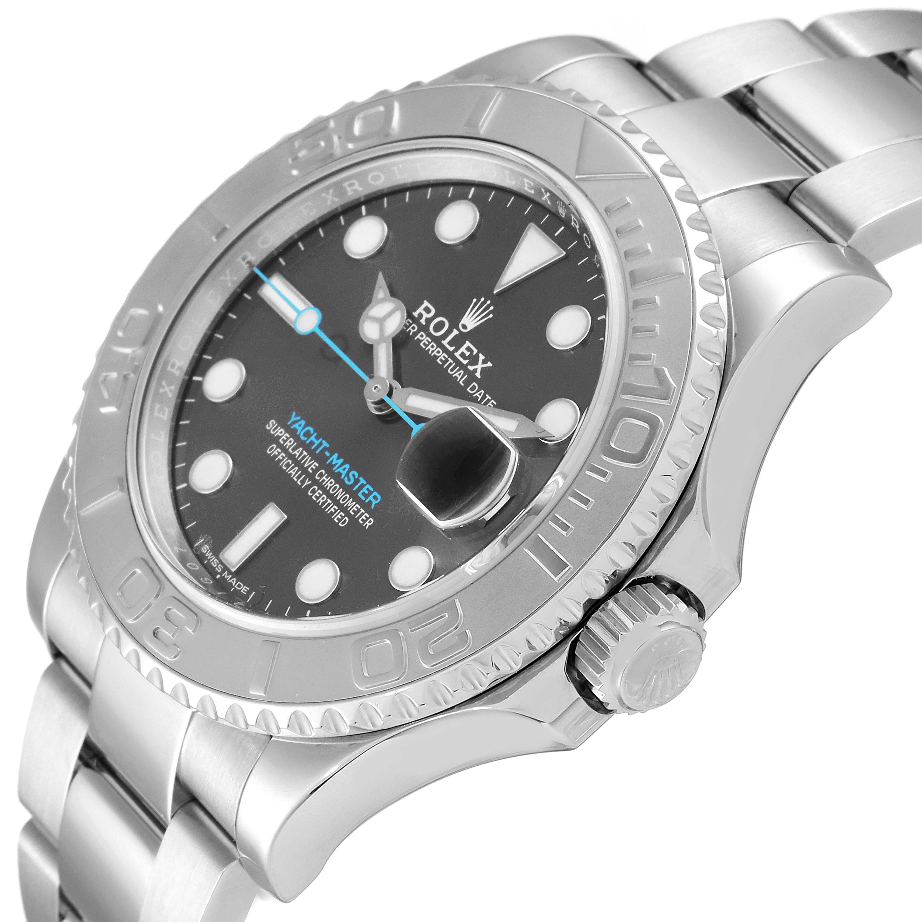 The image shows a Rolex Yacht-Master 116622 Men
s Stainless Steel Grey Dial 116622 Men
s Stainless Steel Grey Dial watch at a three-quarter angle, highlighting the dial, bezel, crown, and part of the bracelet.