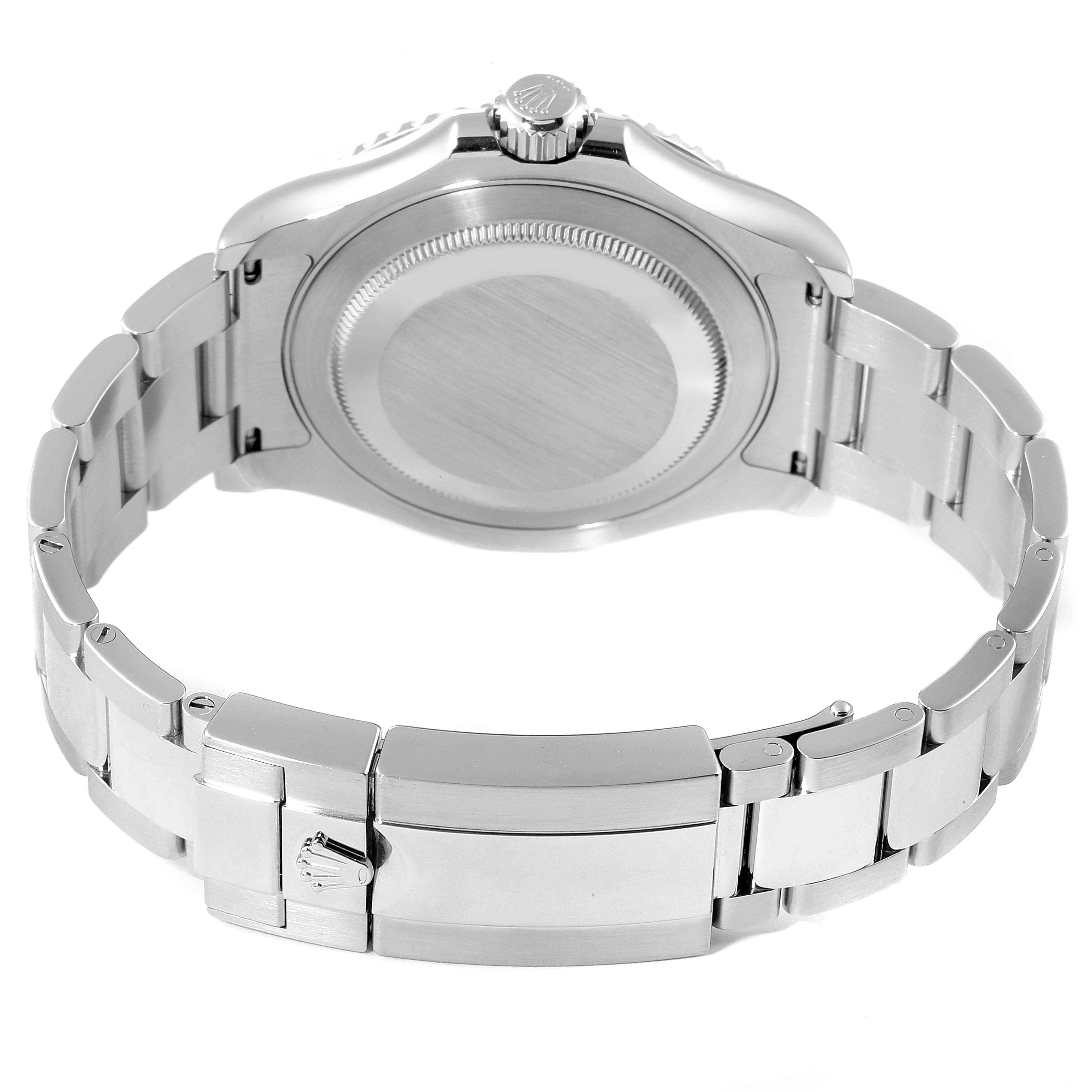The image shows the back case and bracelet of a Rolex Yacht-Master 116622 Men
s Stainless Steel Grey Dial 116622 Men
s Stainless Steel Grey Dial watch from a straight-on, rear angle.