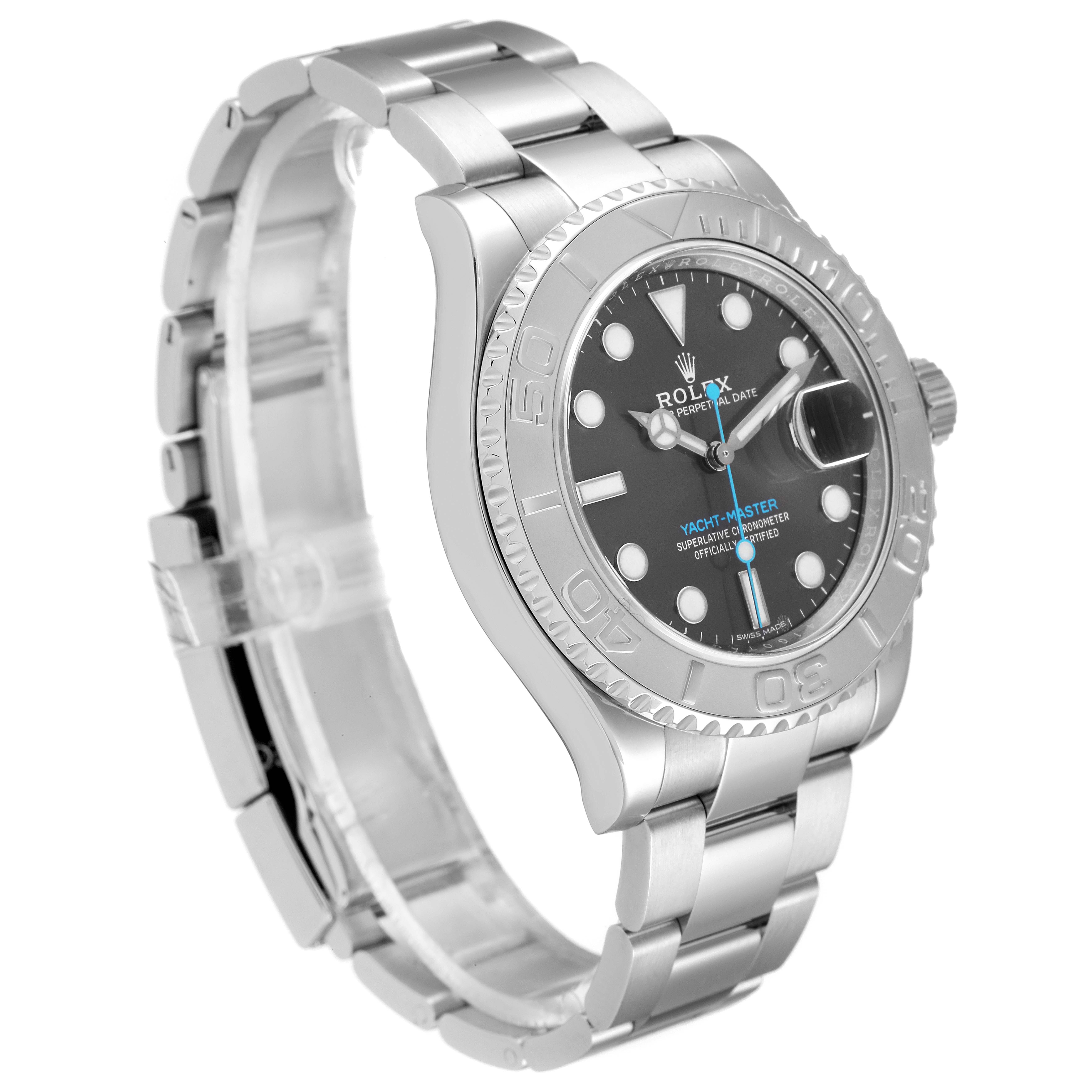 The Rolex Yacht-Master 116622 Men
s Stainless Steel Grey Dial 116622 Men
s Stainless Steel Grey Dial watch is shown at a side angle, displaying its bracelet, bezel, dial, and part of the clasp.