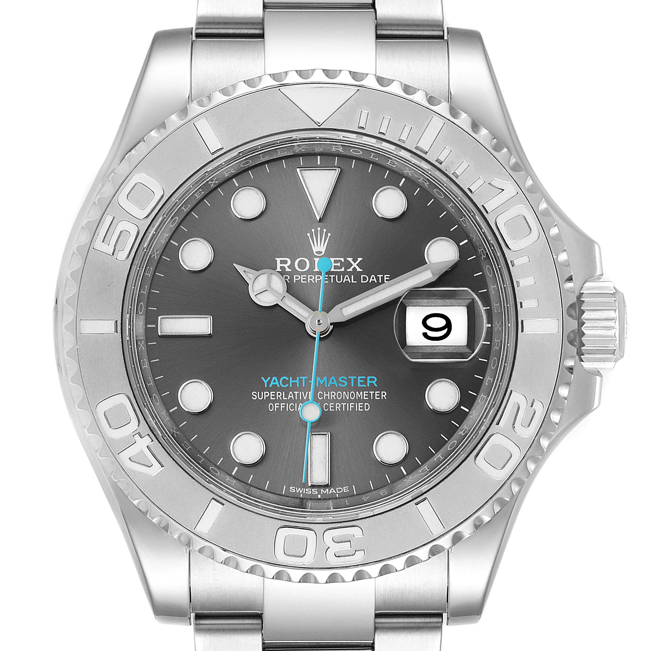 This image shows a frontal view of a Rolex Yacht-Master 116622 Men
s Stainless Steel Grey Dial 116622 Men
s Stainless Steel Grey Dial watch, highlighting the bezel, dial, hands, and date display.