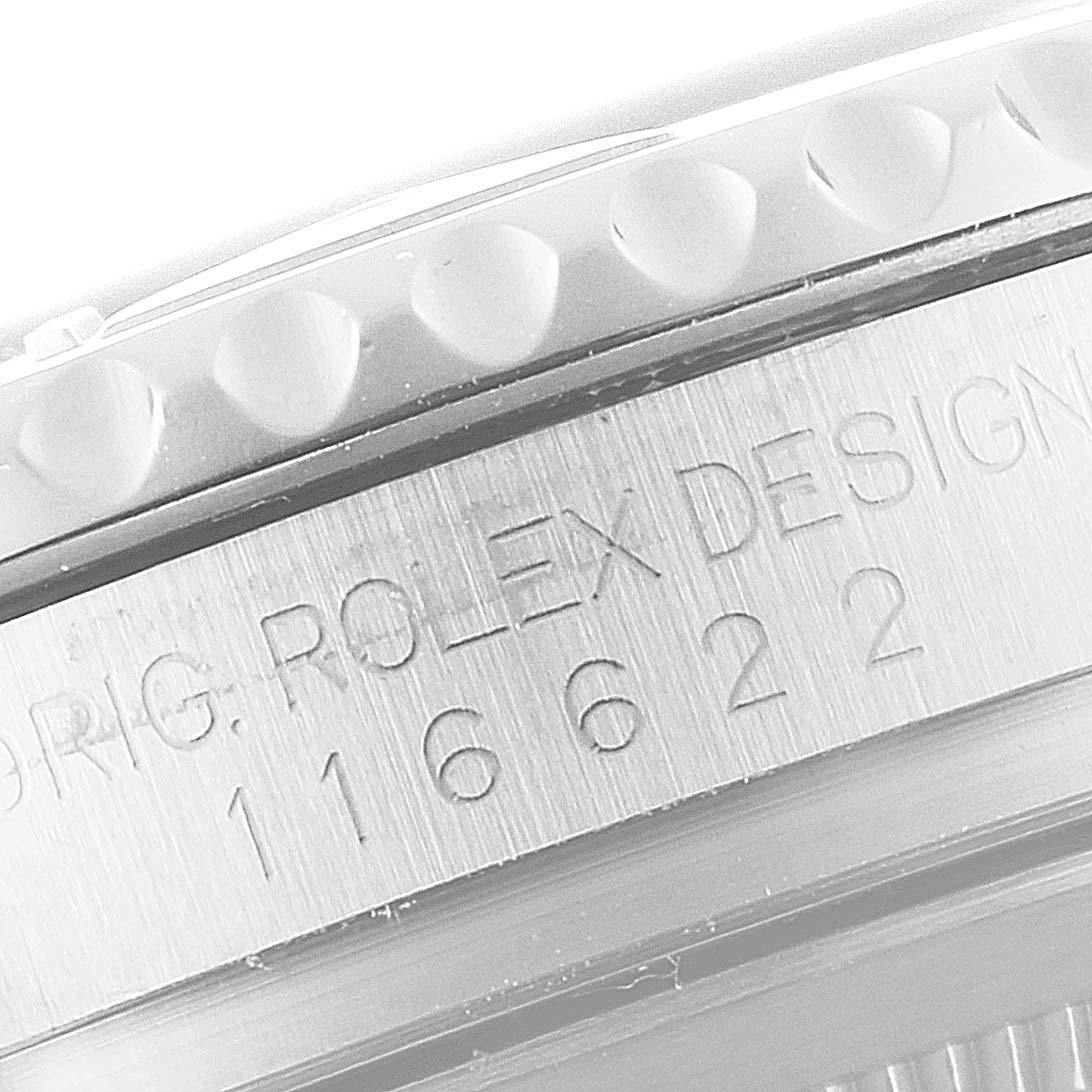 The image shows a close-up of the side of the Rolex Yacht-Master 116622 Men
s Stainless Steel Grey Dial 116622 Men
s Stainless Steel Grey Dial watch, highlighting the model number 116622 engraved on the metal.