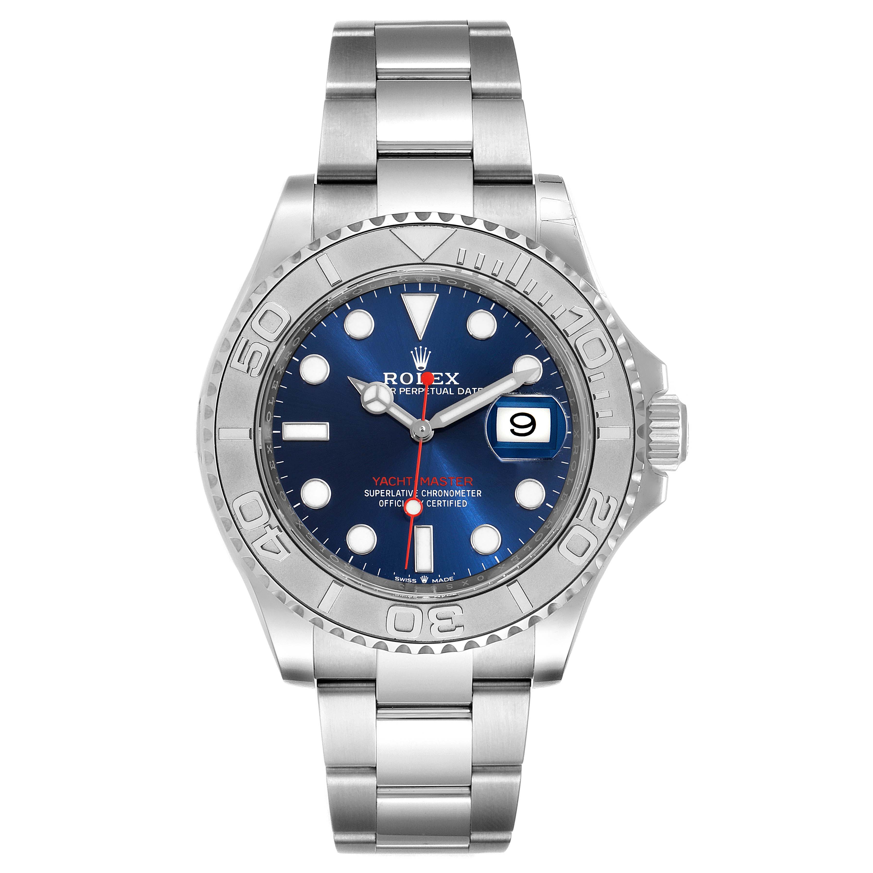 The image shows a front view of the Rolex Yacht-Master 126622 Men
s Stainless Steel Blue Dial 126622 Men
s Stainless Steel Blue Dial watch, displaying the dial, bezel, crown, and bracelet.