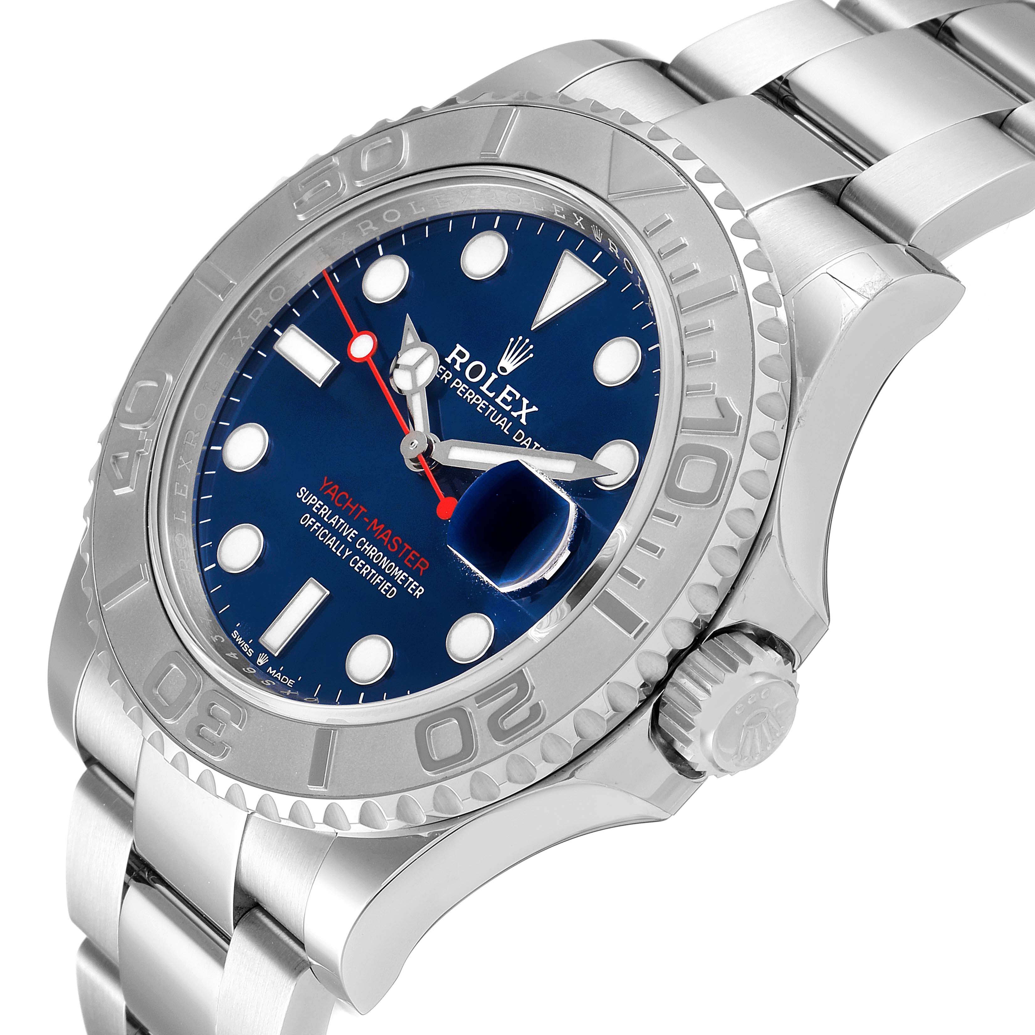 This image showcases the dial, bezel, crown, and part of the bracelet of the Rolex Yacht-Master 126622 Men
s Stainless Steel Blue Dial 126622 Men
s Stainless Steel Blue Dial watch at a slightly tilted angle.
