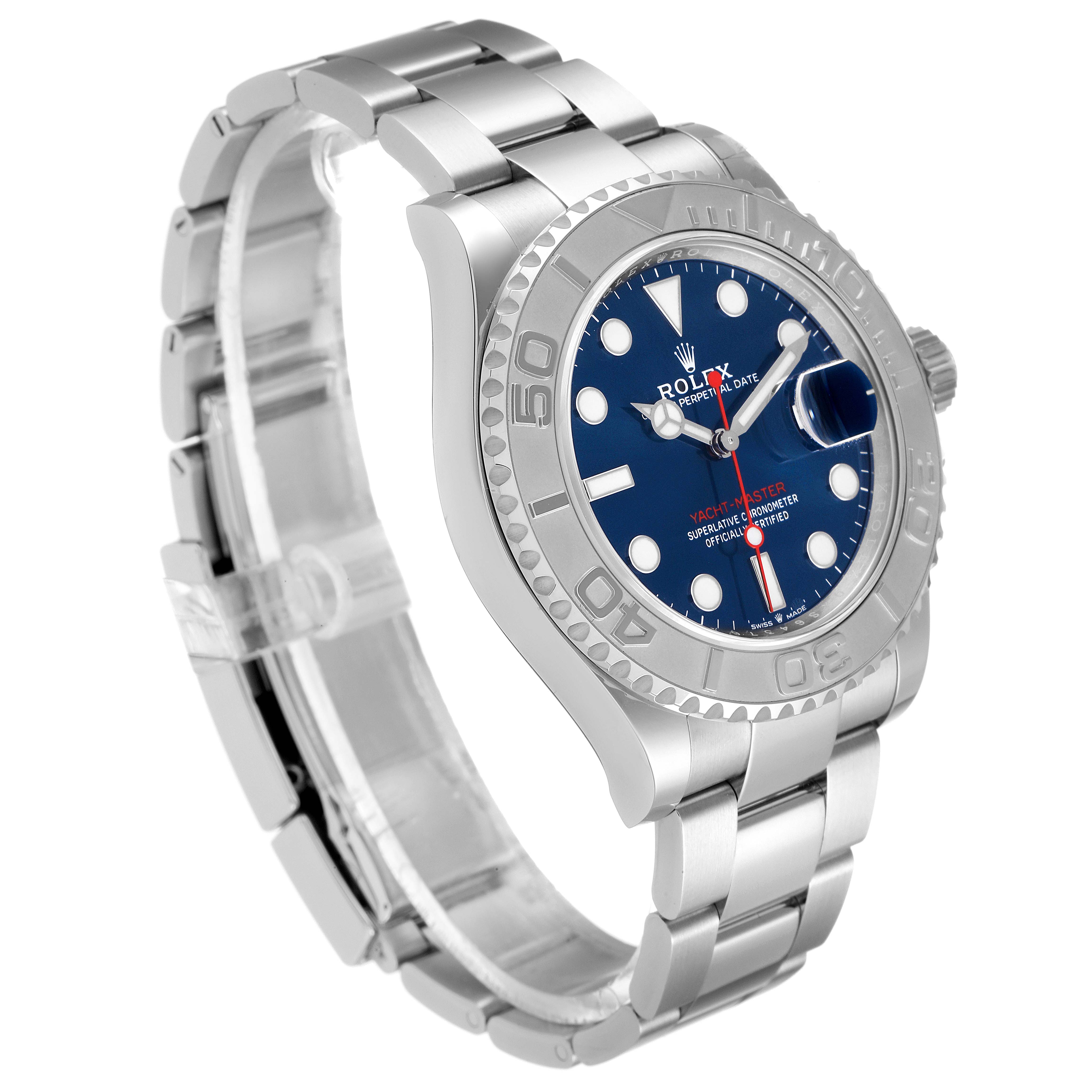 The Rolex Yacht-Master 126622 Men
s Stainless Steel Blue Dial 126622 Men
s Stainless Steel Blue Dial watch is shown from an angled side view, displaying the bracelet, dial, bezel, and crown.