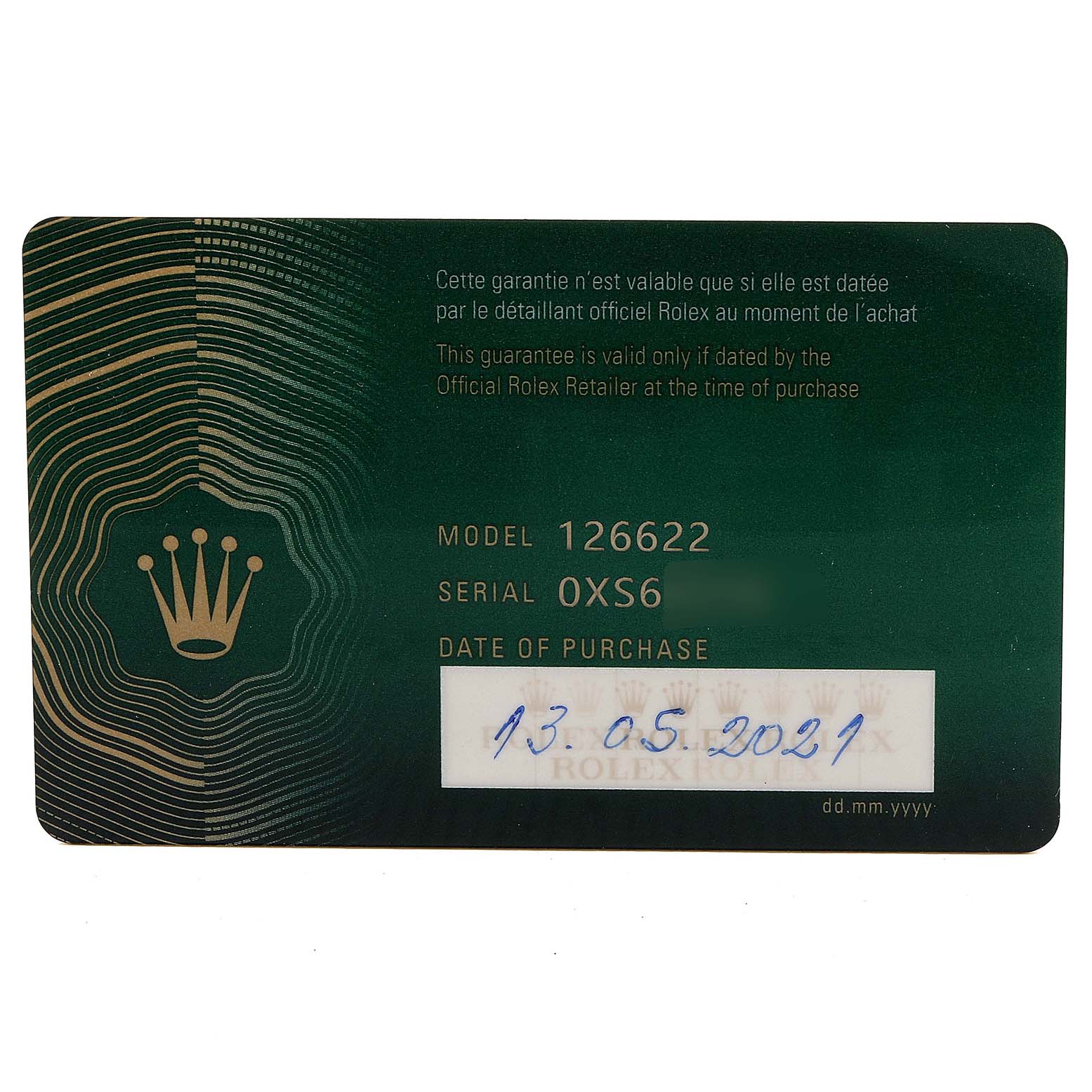 This image shows the warranty card for the Rolex Yacht-Master 126622 Men
s Stainless Steel Blue Dial 126622 Men
s Stainless Steel Blue Dial, model 126622, with purchase details.