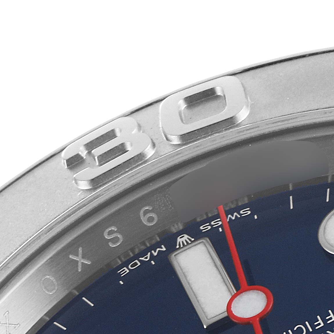 This close-up angle shows the bezel and dial of the Rolex Yacht-Master 126622 Men
s Stainless Steel Blue Dial 126622 Men
s Stainless Steel Blue Dial watch, highlighting the "30" marker and text "SWISS MADE".