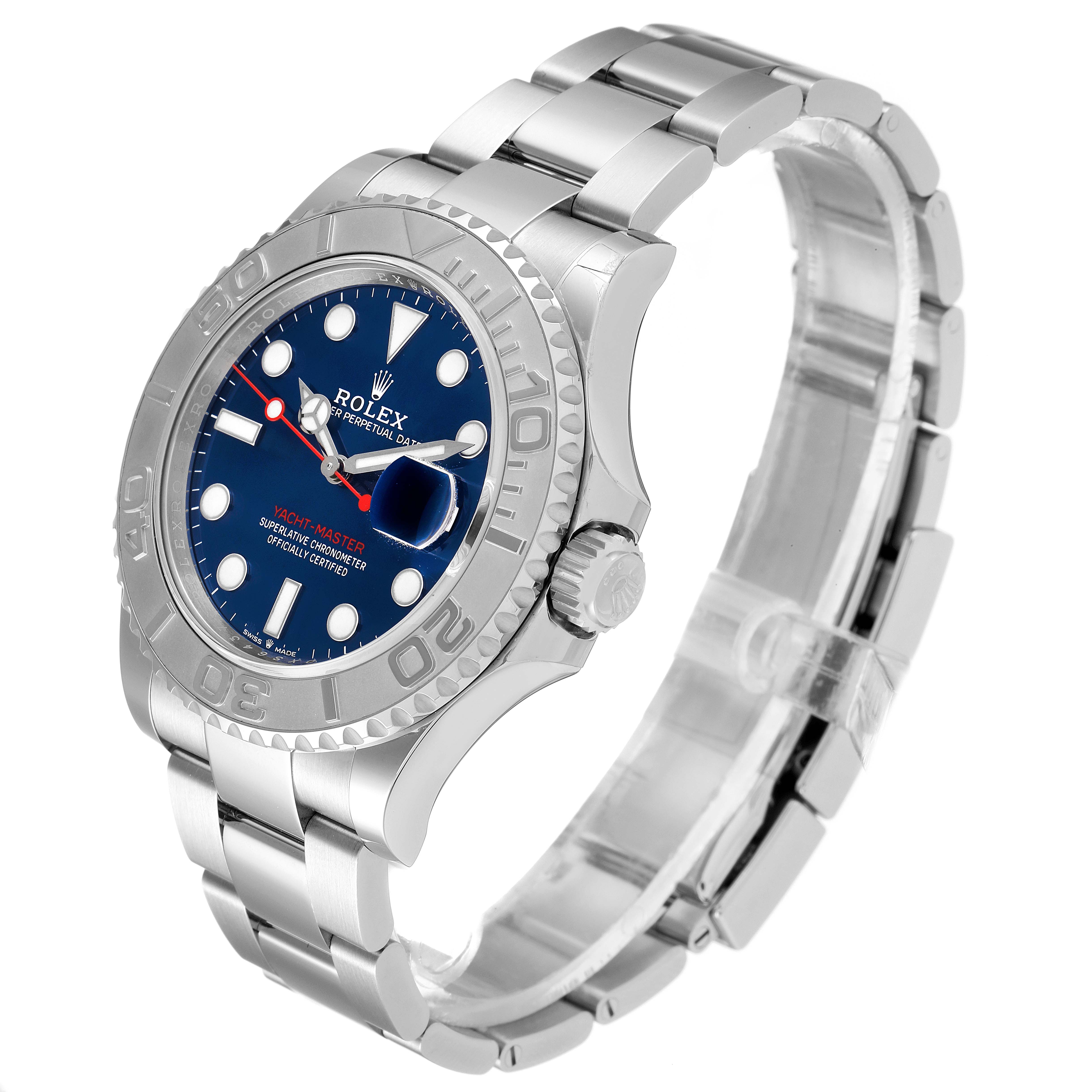 The Rolex Yacht-Master 126622 Men
s Stainless Steel Blue Dial 126622 Men
s Stainless Steel Blue Dial watch is shown at a three-quarter angle, highlighting the face, bezel, crown, and bracelet.