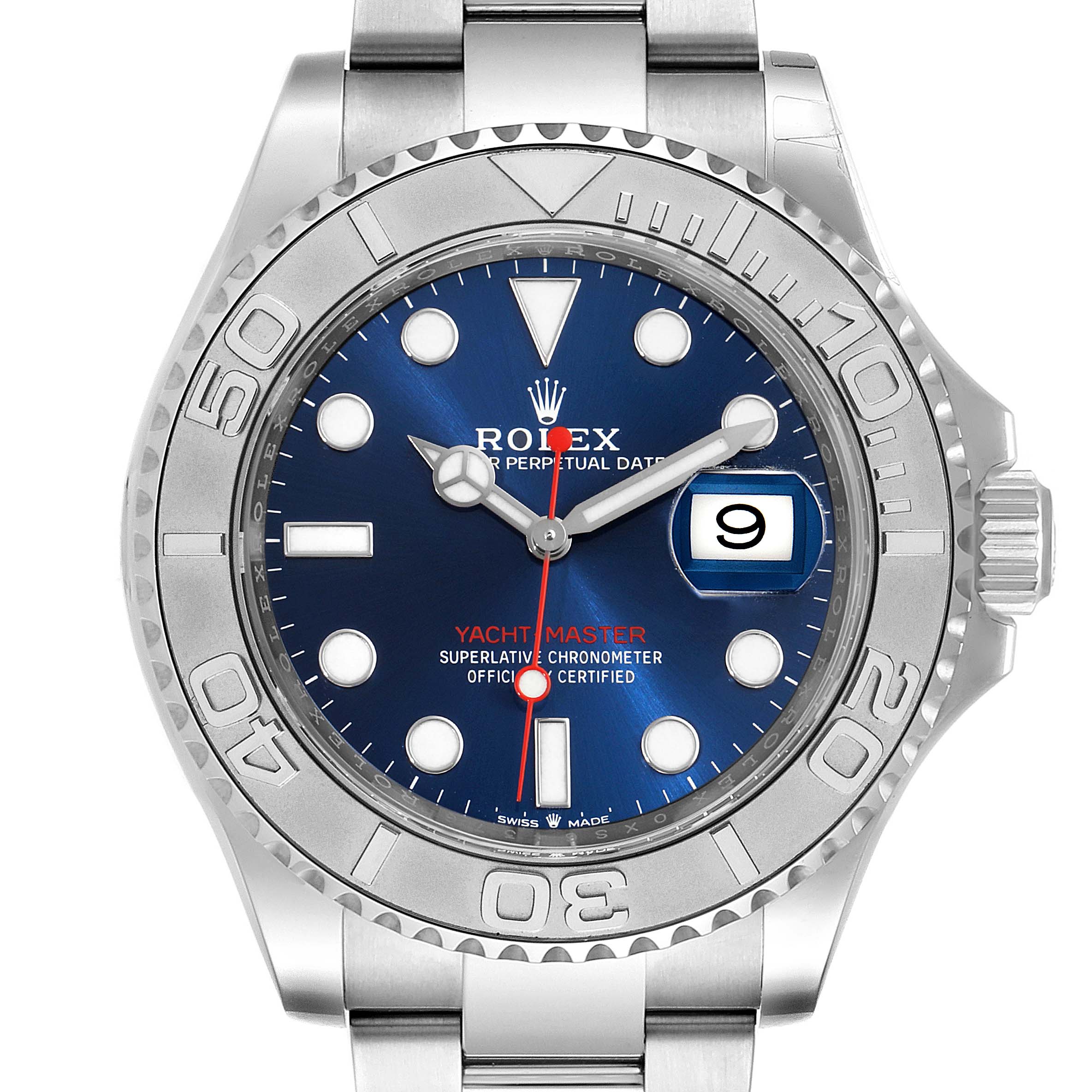 This image shows a front angle of the Rolex Yacht-Master 126622 Men
s Stainless Steel Blue Dial 126622 Men
s Stainless Steel Blue Dial watch, highlighting the face, bezel, and part of the bracelet.