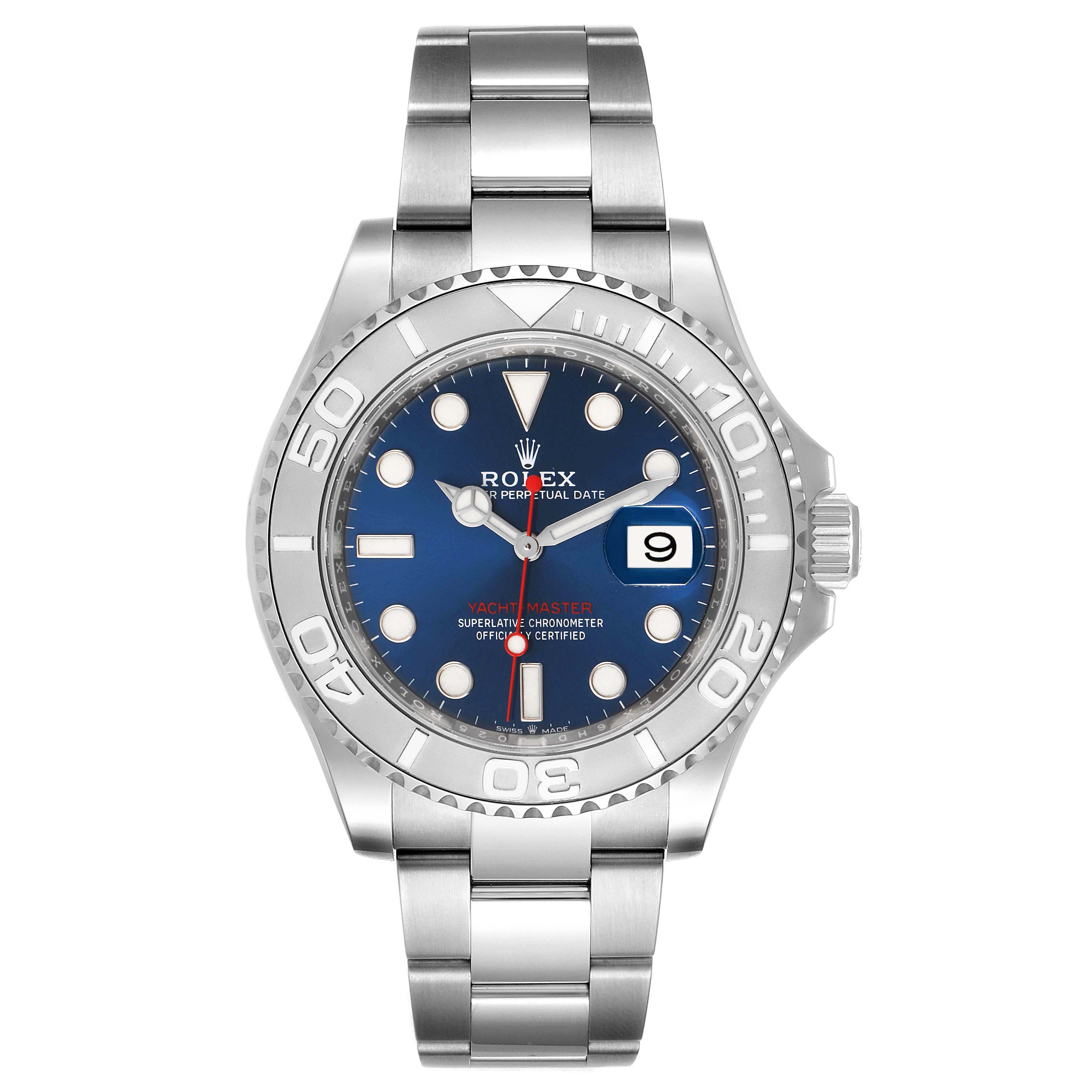 The image shows a frontal view of the Rolex Yacht-Master 126622 Men
s Stainless Steel Blue Dial 126622 Men
s Stainless Steel Blue Dial watch featuring a blue dial, date window, and stainless steel bracelet.