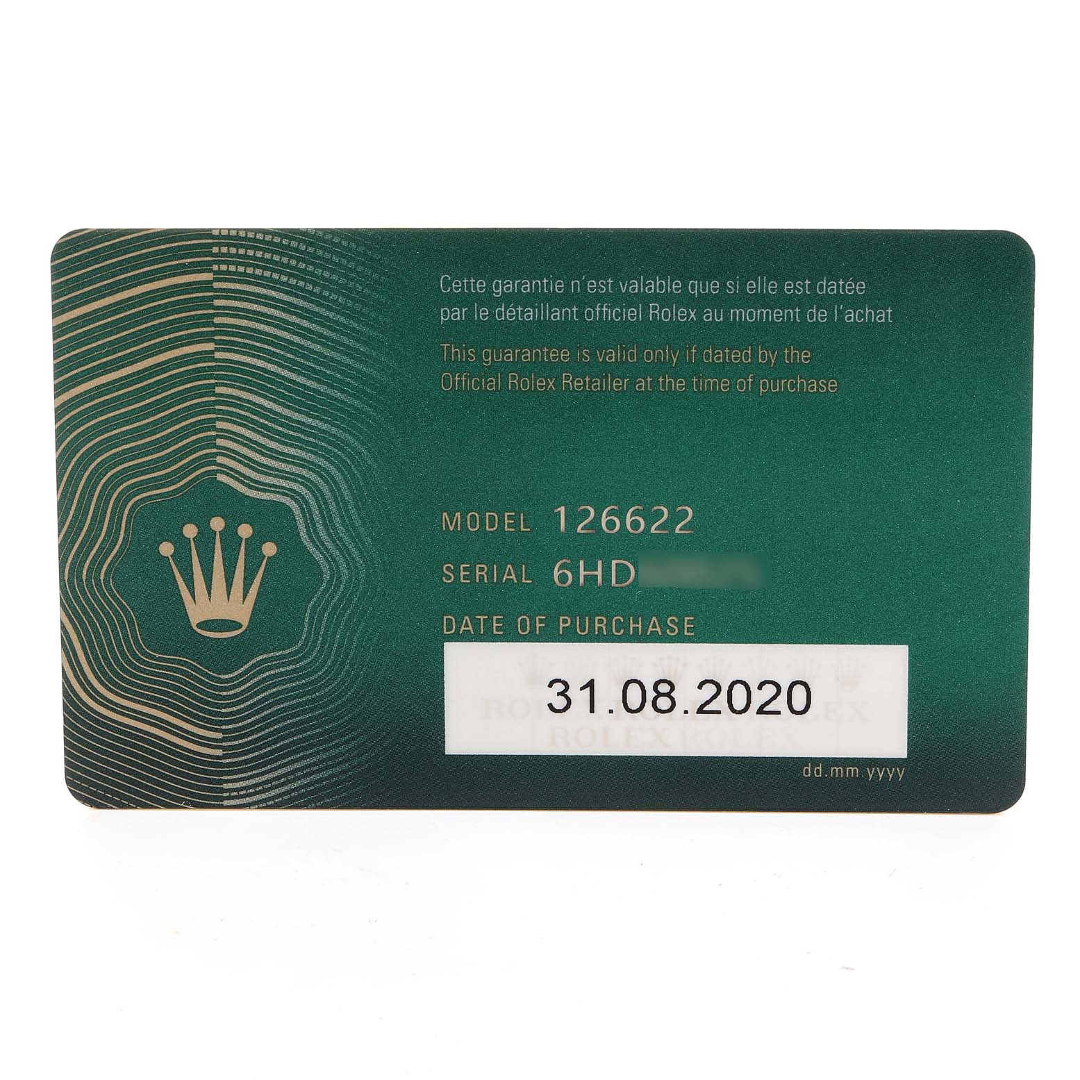 This image shows the warranty card for the Rolex Yacht-Master 126622 Men
s Stainless Steel Blue Dial 126622 Men
s Stainless Steel Blue Dial model 126622, depicting the model number, serial number, and date of purchase.