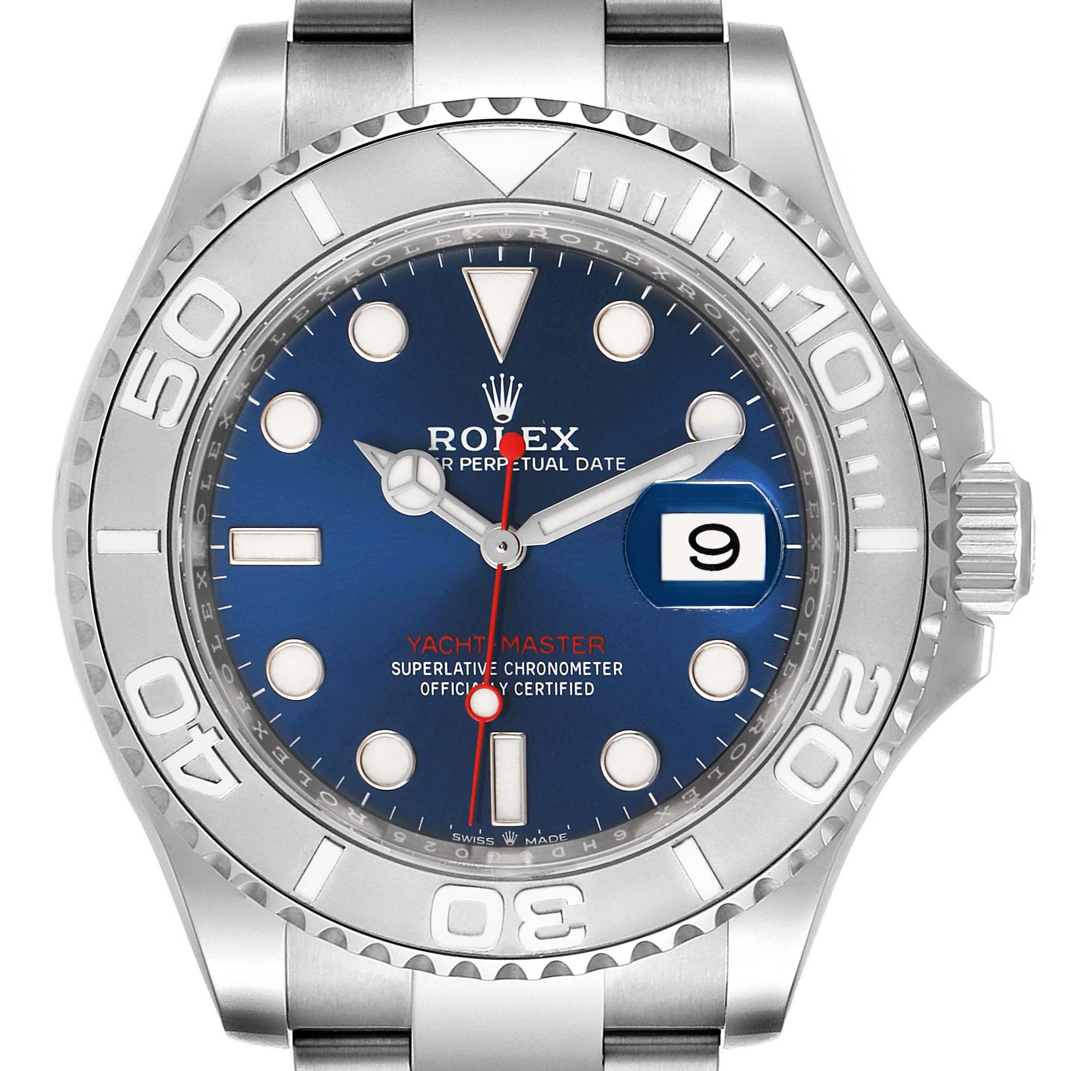 The image shows a front view of a Rolex Yacht-Master 126622 Men
s Stainless Steel Blue Dial 126622 Men
s Stainless Steel Blue Dial watch, highlighting the dial, bezel, and bracelet.