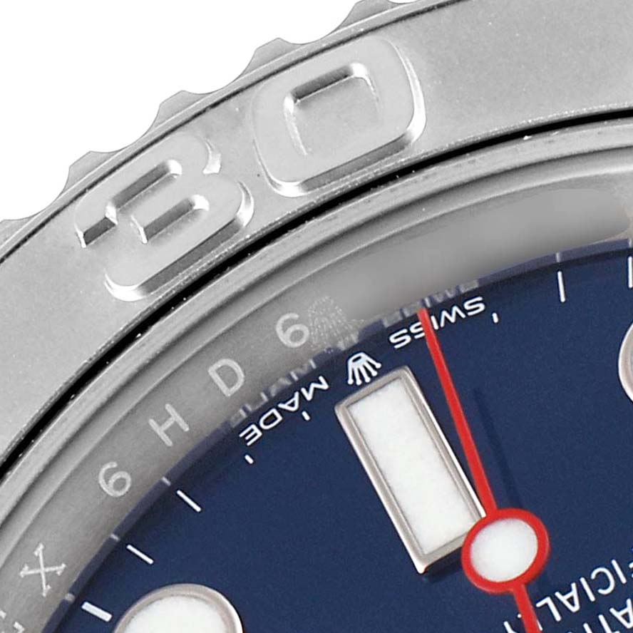 The image shows a close-up of the dial and bezel of a Rolex Yacht-Master 126622 Men
s Stainless Steel Blue Dial 126622 Men
s Stainless Steel Blue Dial watch.