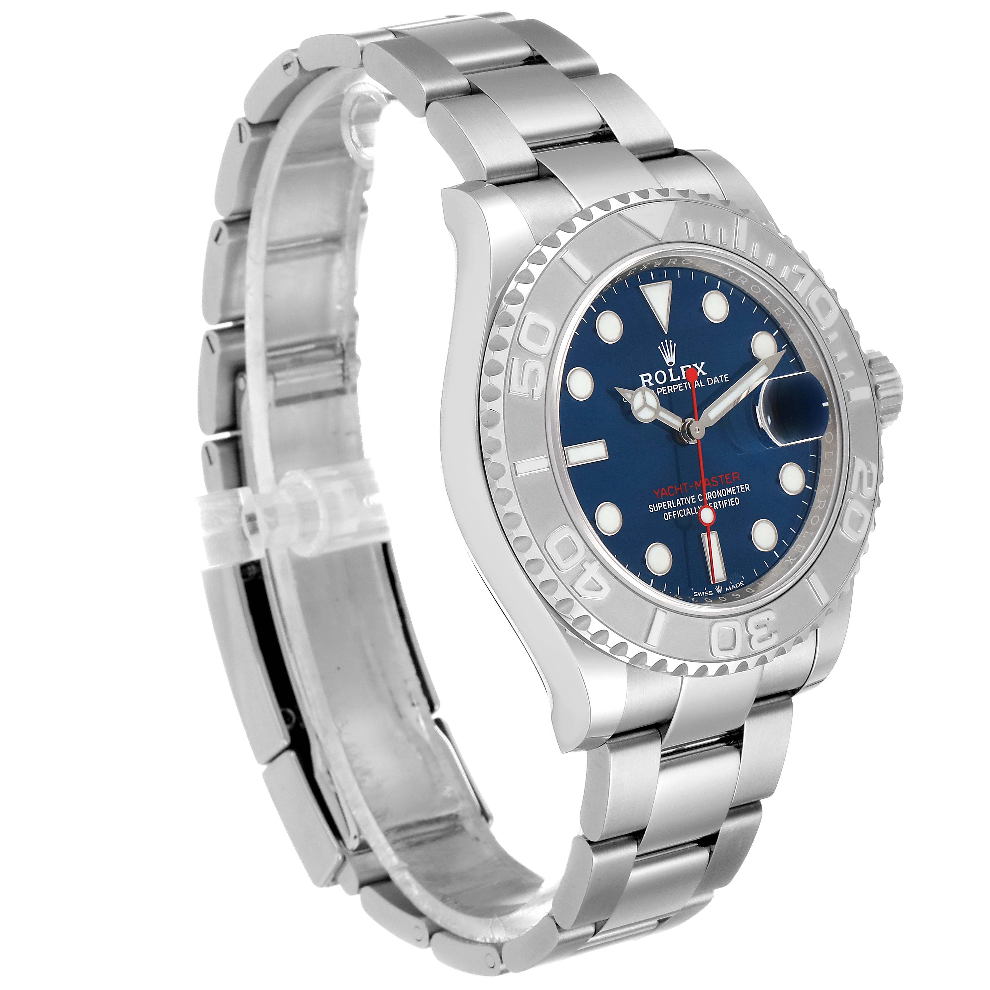 This Rolex Yacht-Master 126622 Men
s Stainless Steel Blue Dial 126622 Men
s Stainless Steel Blue Dial watch is shown from a three-quarter angle, displaying its face, bezel, crown, and bracelet.