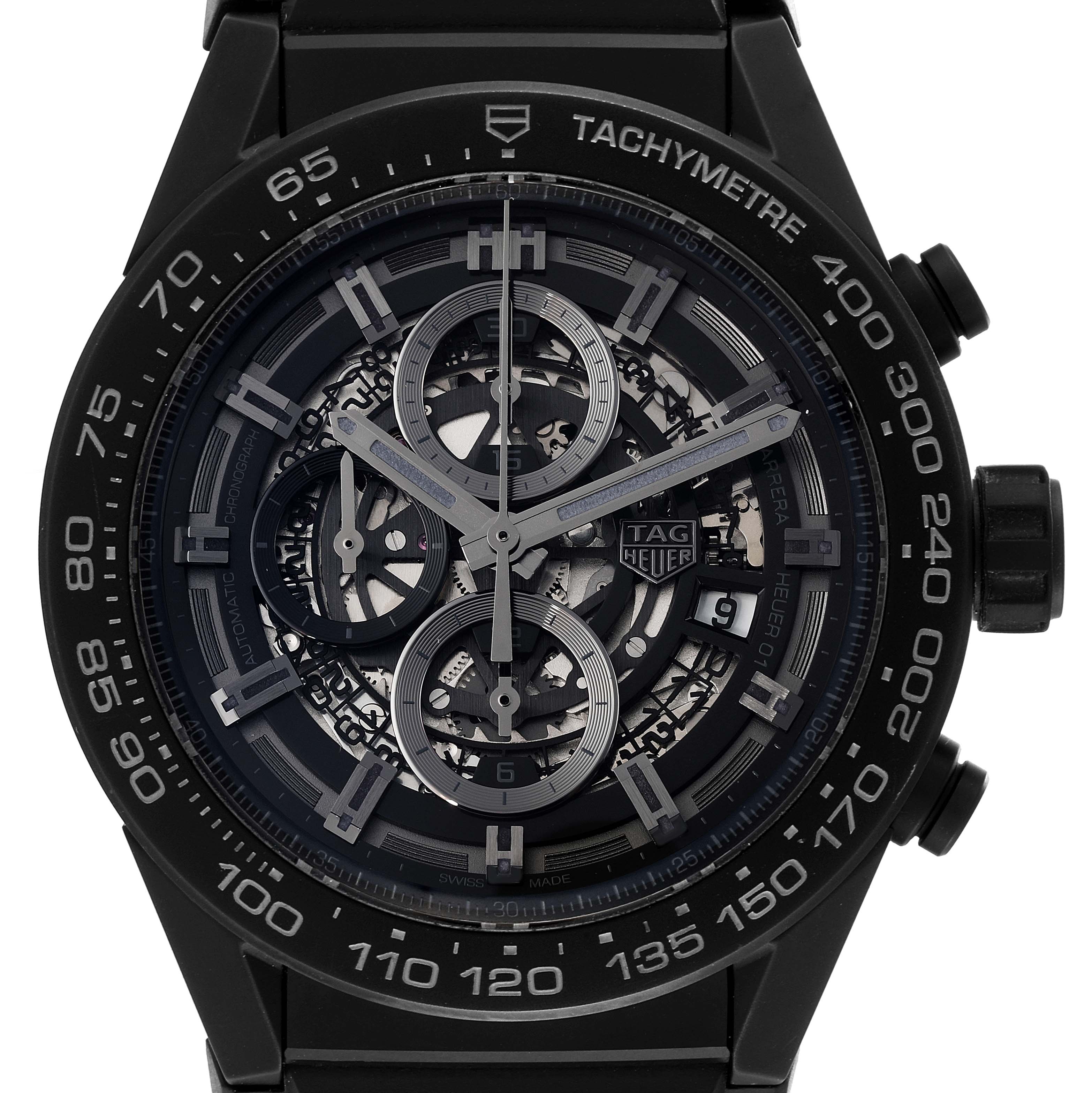 The image shows a front view of the Tag Heuer Carrera CAR2A91.BH0742 Men's Ceramic Black Dial CAR2A91.BH0742 Men's Ceramic Black Dial watch displaying its dial, tachymeter bezel, and chronograph sub-dials.
