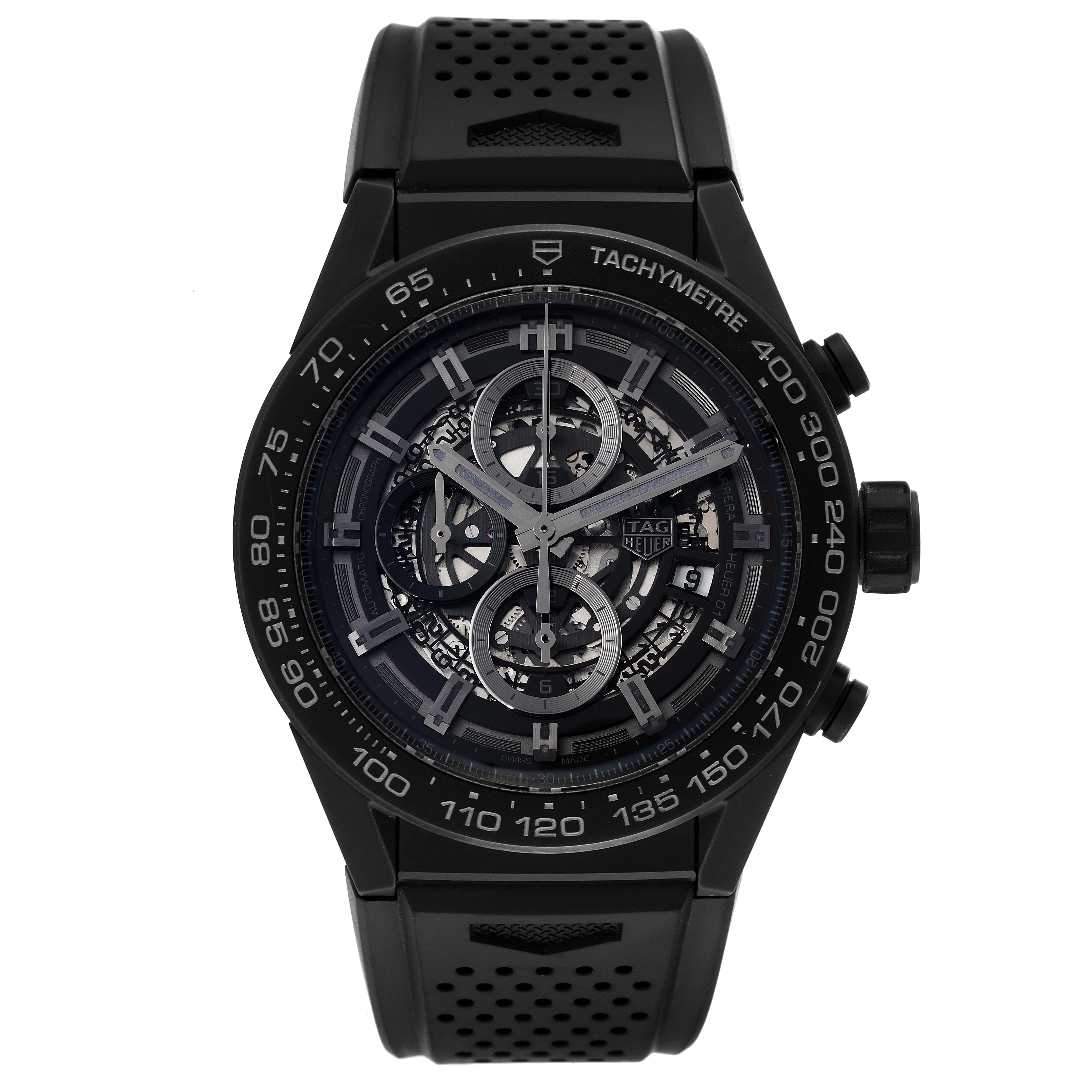 The image shows a front view of the Tag Heuer Carrera CAR2A91.BH0742 Men's Ceramic Black Dial CAR2A91.BH0742 Men's Ceramic Black Dial watch, highlighting its face, bezel, and strap.