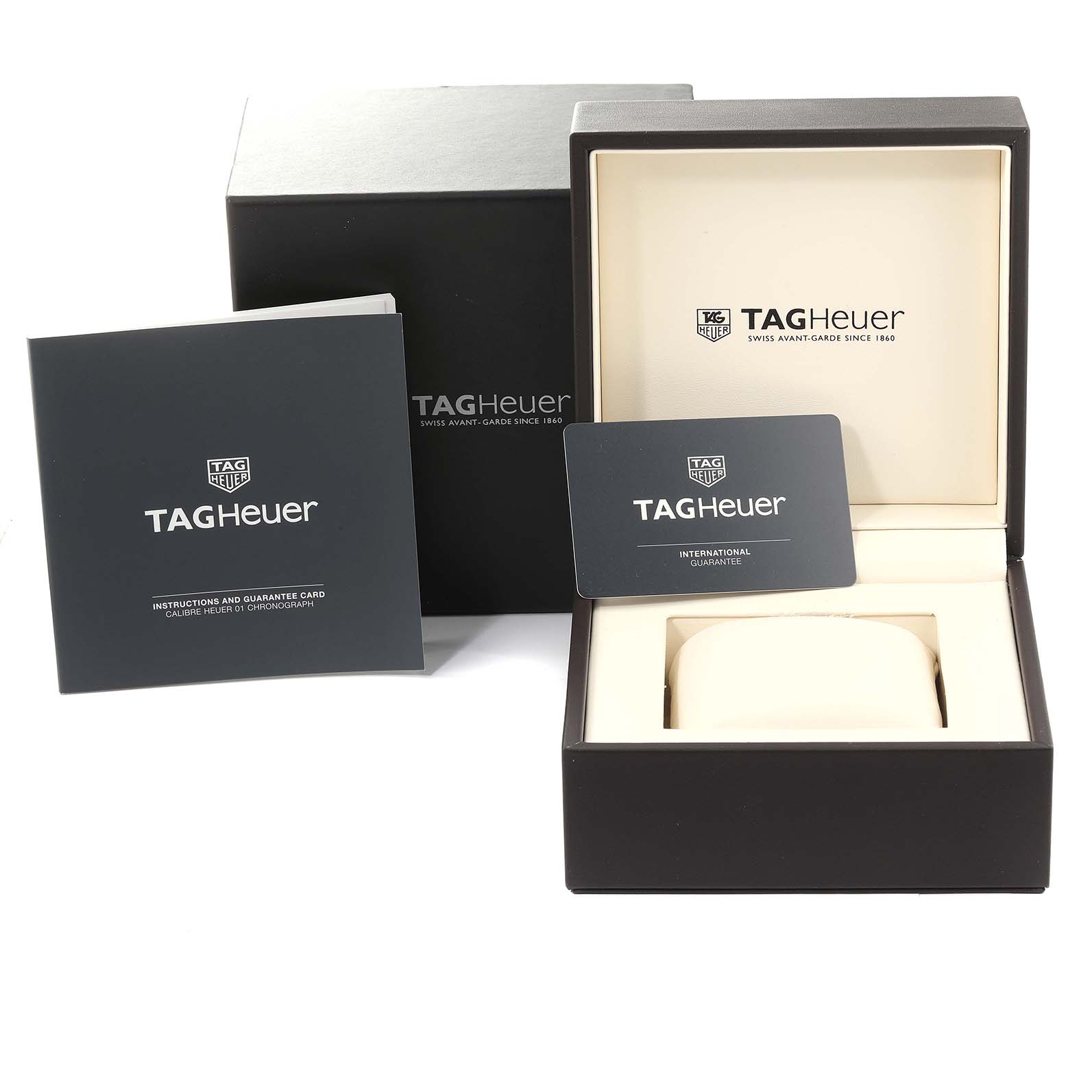 The image displays the box, instruction booklet, and international guarantee card for the Tag Heuer Carrera CAR2A91.BH0742 Men's Ceramic Black Dial CAR2A91.BH0742 Men's Ceramic Black Dial model watch.