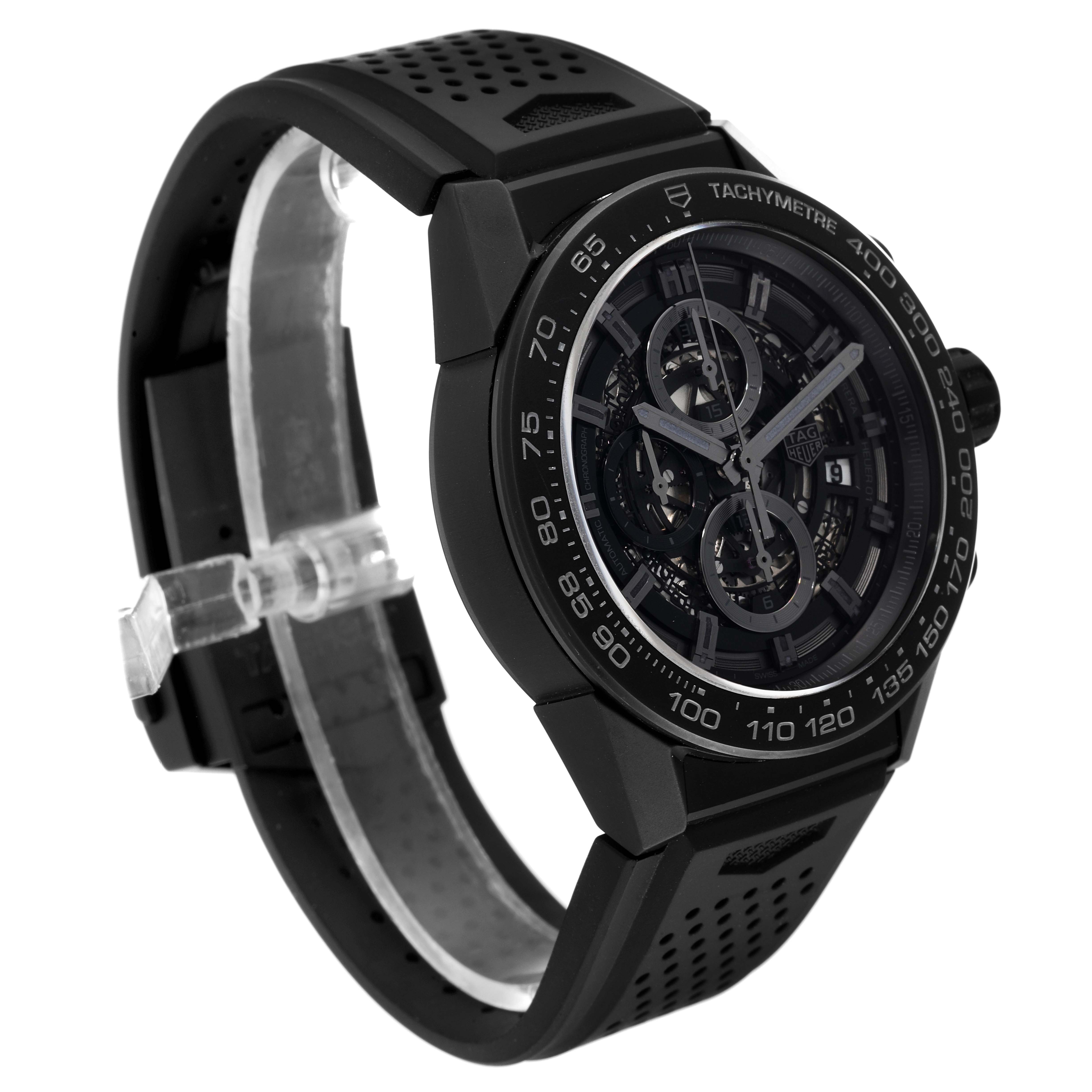 This image shows a Tag Heuer Carrera CAR2A91.BH0742 Men's Ceramic Black Dial CAR2A91.BH0742 Men's Ceramic Black Dial model watch from a front-right angle, displaying its face and black strap.