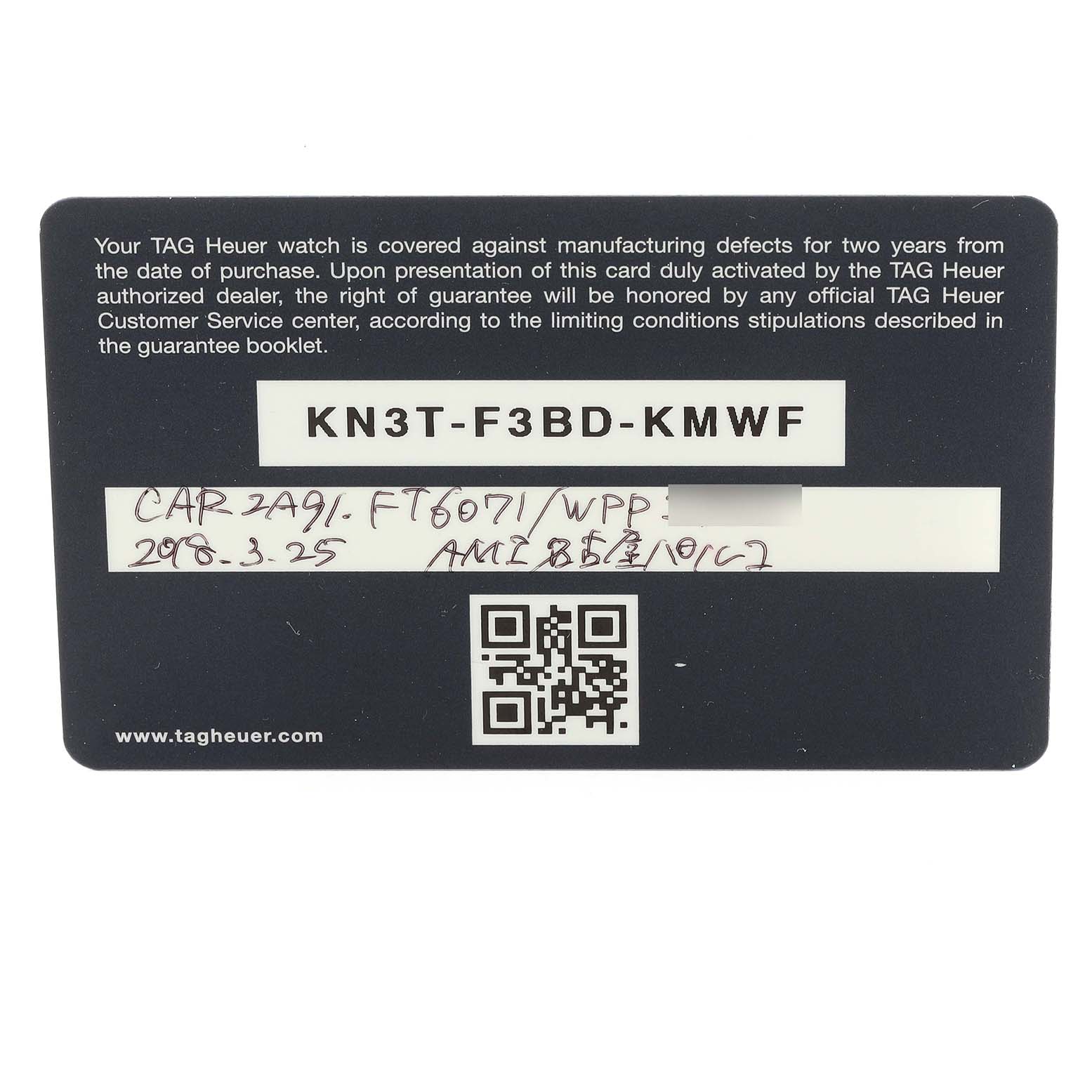 The image shows a warranty card for the Tag Heuer Carrera CAR2A91.BH0742 Men's Ceramic Black Dial CAR2A91.BH0742 Men's Ceramic Black Dial model watch.
